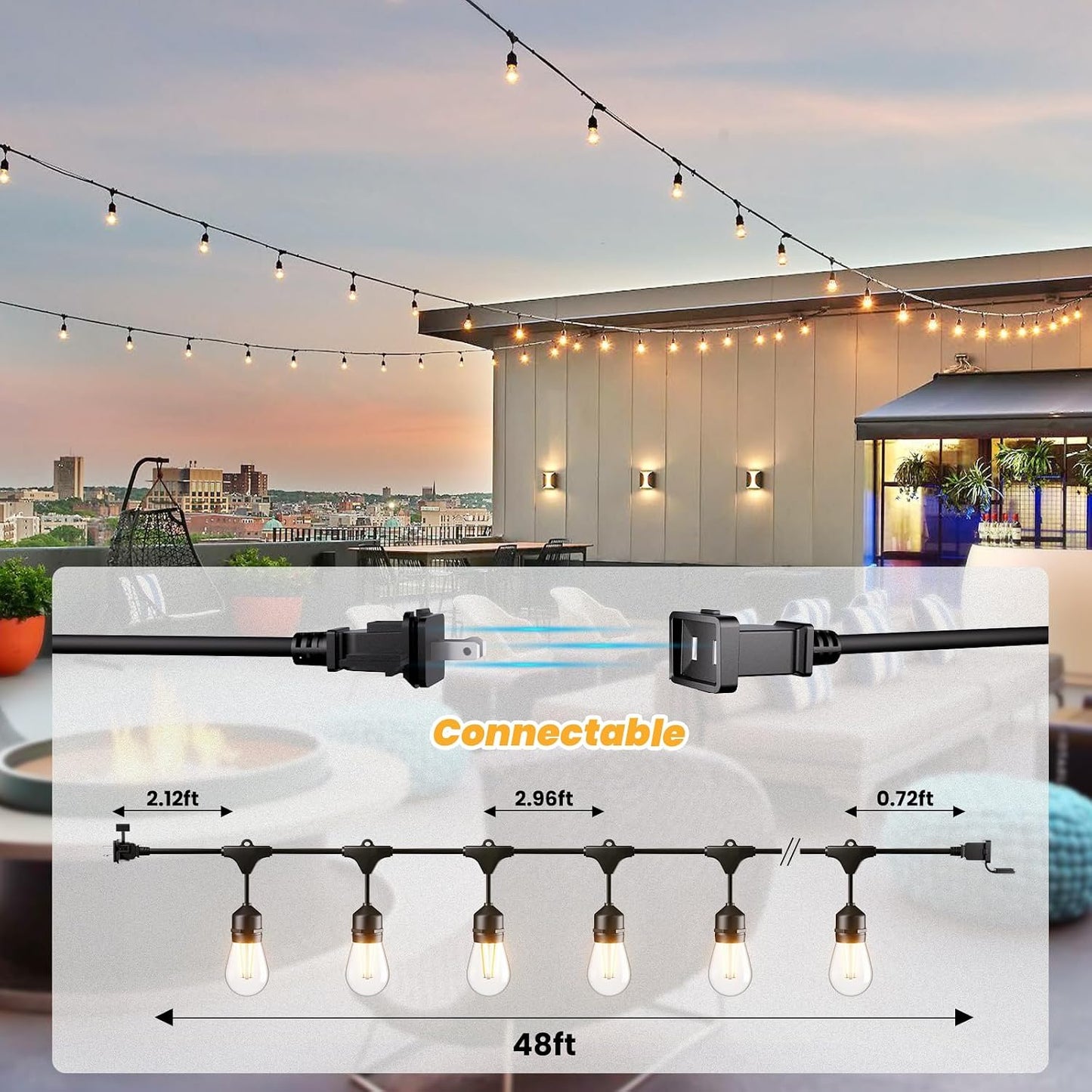 Svater 48 FT Outdoor String Lights 2W Commercial Grade Waterproof S14 ETL | Outside Patio Light with Shatterproof Antique Edison E26 LED Bulbs, Connectable Hanging Strand for Bistro Cafe Market 2700K