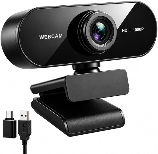 Gritto 1080P HD Webcam with Auto Focus & Microphone, 30FPS Computer Camera, USB Plug-and-Play with Type-C Adapter, 360° Rotating Webcam for Zoom Meetings, Teams, Streaming & Online Classes