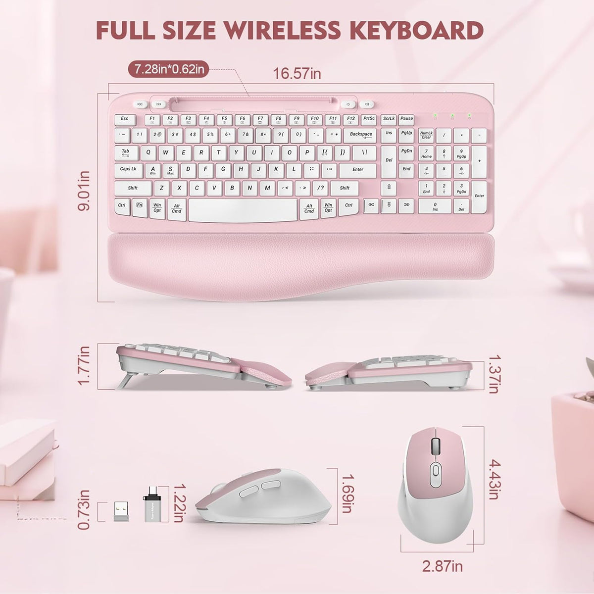 Wireless Keyboard and Mouse Combo, Full-Sized Ergonomic Wave Keys Keyboard with Memory Foam Wrist Rest & Phone Holder, 2.4G Quiet Keyboard Mouse Work Setup for PC Laptop, Office or Home (Pink)