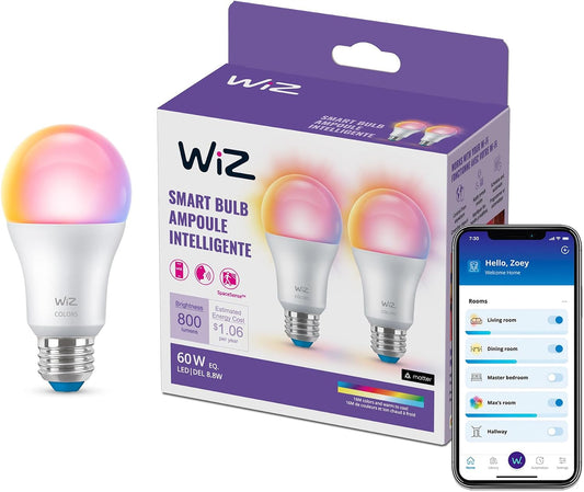 WiZ Connected Smart Light Bulbs, 2-Pack, Color A19 60W 800LM E26 Indoor LED Lights, Smart Bulbs with Motion Detection, Control with Voice or App