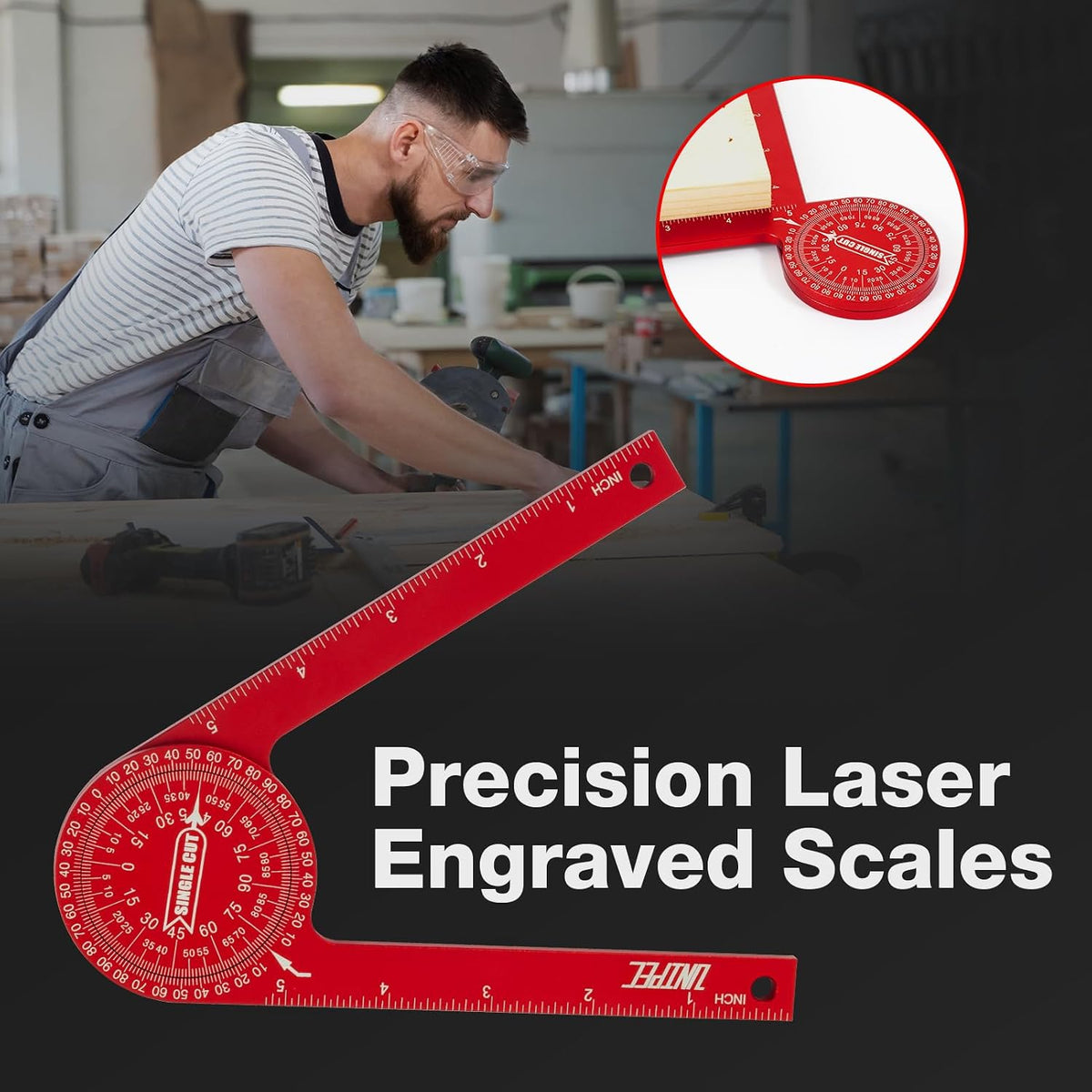 7.3 Inch Aluminum Miter Saw Protractor & Angle Finder Tool, Red | Laser-Engraved Scale, Miter Protractor, For Woodworking, Trim & Crown Molding, Baseboard & Carpentry