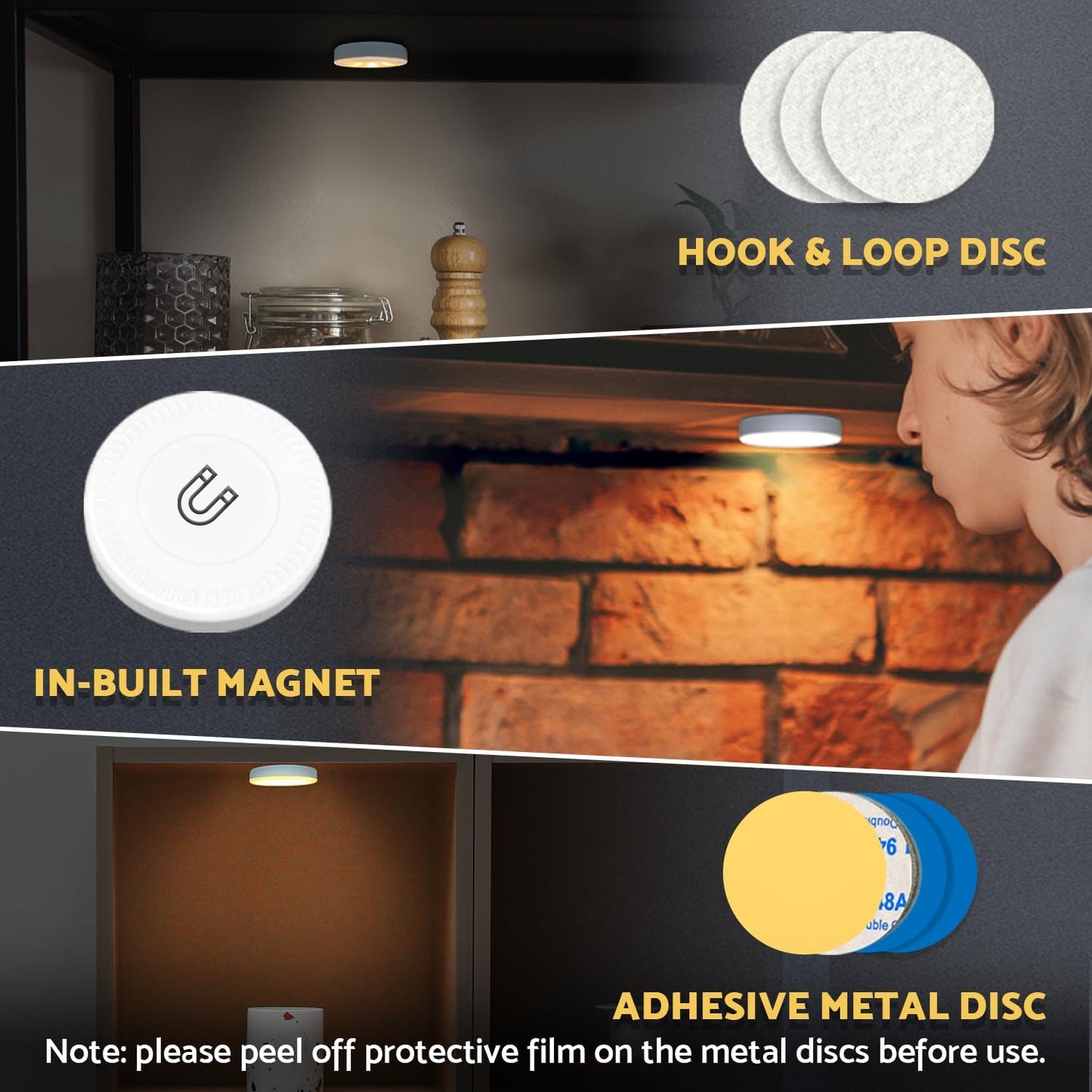 DAZZY DOT Rechargeable Puck Lights 2-Pack, Magnetic Tap Light, Warm Yellow | Dimmable touch control, magnetic & adhesive mounting, 1000mAh rechargeable battery, 8 LED beads, brightness memory