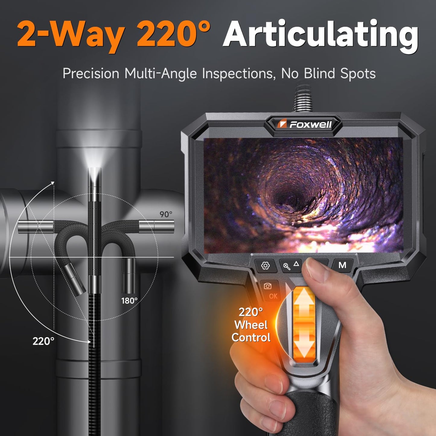 FOXWELL 2-Way 220° Articulating Borescope Camera with Light, 1080P FHD | 0.24in Ultra-Slim Inspection Camera, Industrial Endoscope, IP67 Waterproof, 6 LED, 32GB, for Automotive, Plumbing, HVAC,5.3FT