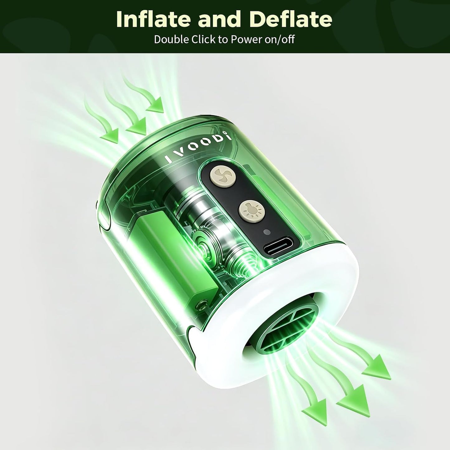 Portable Air Pump for Inflatables, 4500kPa Rechargeable, 4 Nozzles | 180L/Min Airflow | Inflate & Deflate| Built-In LED Camping Light| For Air Mattresses, Pool Floats, Sleeping Pads, Vacuum Bags