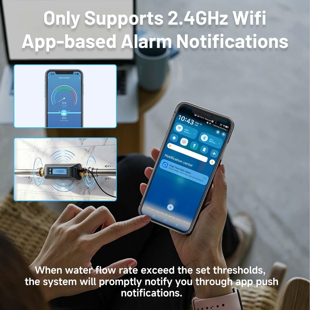 Smart Water Valve, 0.1gal/min Water Flow Monitor Alarm, GreenVation Water Flow Meter, Water Shut Off Valve for Home, WiFi Connected, Water Usage Reports