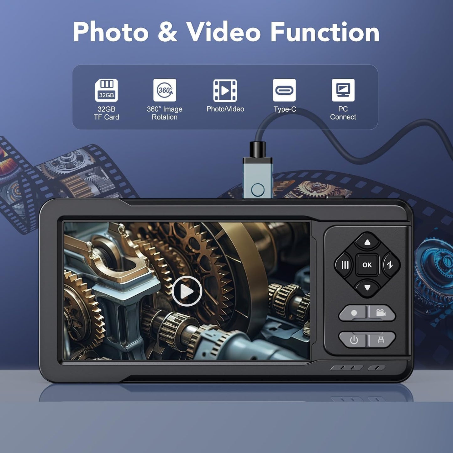 Dual Lens 5" IPS Endoscope Camera with Lights, 1080P Borescope Camera | AukonVee IP67 Waterproof Industrial Snake Camera, 16.5ft Semi-Rigid Cable, Comes with 32GB Memory Card