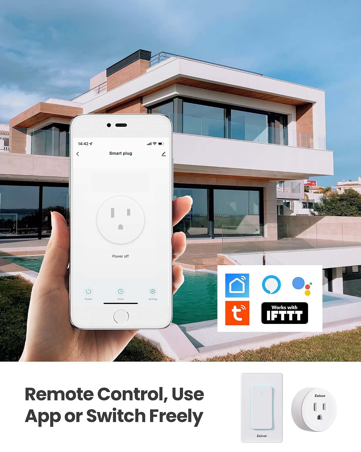 Zoiinet Smart Plug Switch, Wireless Remote Control Outlet WiFi, 15A/80-725V