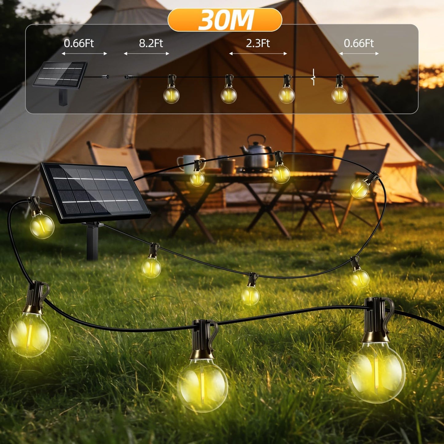 100FT Solar Lights Outdoor Waterproof: G40 30M Shatterproof Bulbs Patio Lights - Solar Powered Remote Control 3 Light Modes Dimmable Solar Light - Camping Backyard Garden Deck Outside Yard