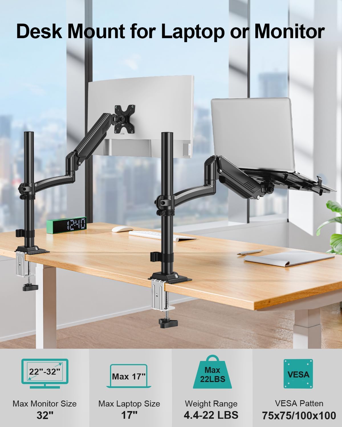 MOUNT PRO Laptop Arm Desk Mount, Single Monitor Stand with VESA Laptop Tray, Adjustable Lap Top Holder for Max 22lbs 17" Notebook &amp; 32" Computer Screen, Swivel Notebook Bracket, Clamp on/Grommet Base