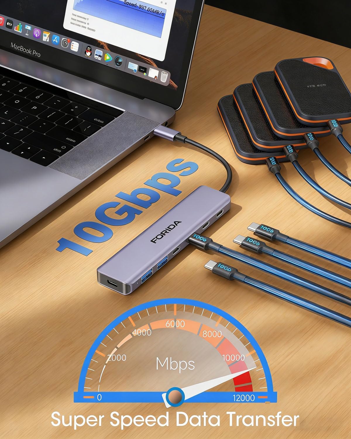 FORIDA Aluminum Alloy 10Gbps USB C Hub, Portable 7-Port Multiport USBC Splitter, 4 USB-C 3.2, 2 USB 2.0, 100W PD Fast Charging Port, USB 3.2 HUB for Laptops, MacBook, iPad, Surface Pro(Gray)