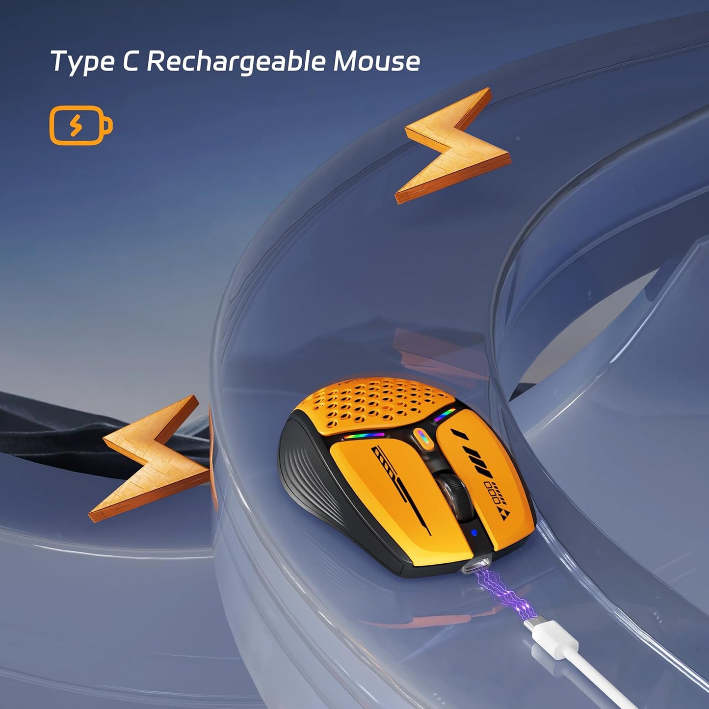 Uciefy Bluetooth Wireless Mouse, USB C Rechargeable Mice for Laptop-Orange | Tri-Mode BT5.0/5.1+2.4GHz, LED, Battery Level Visible, Honeycomb Magnetic Shell Cover, Portable, USB Receiver,Type C Adapter