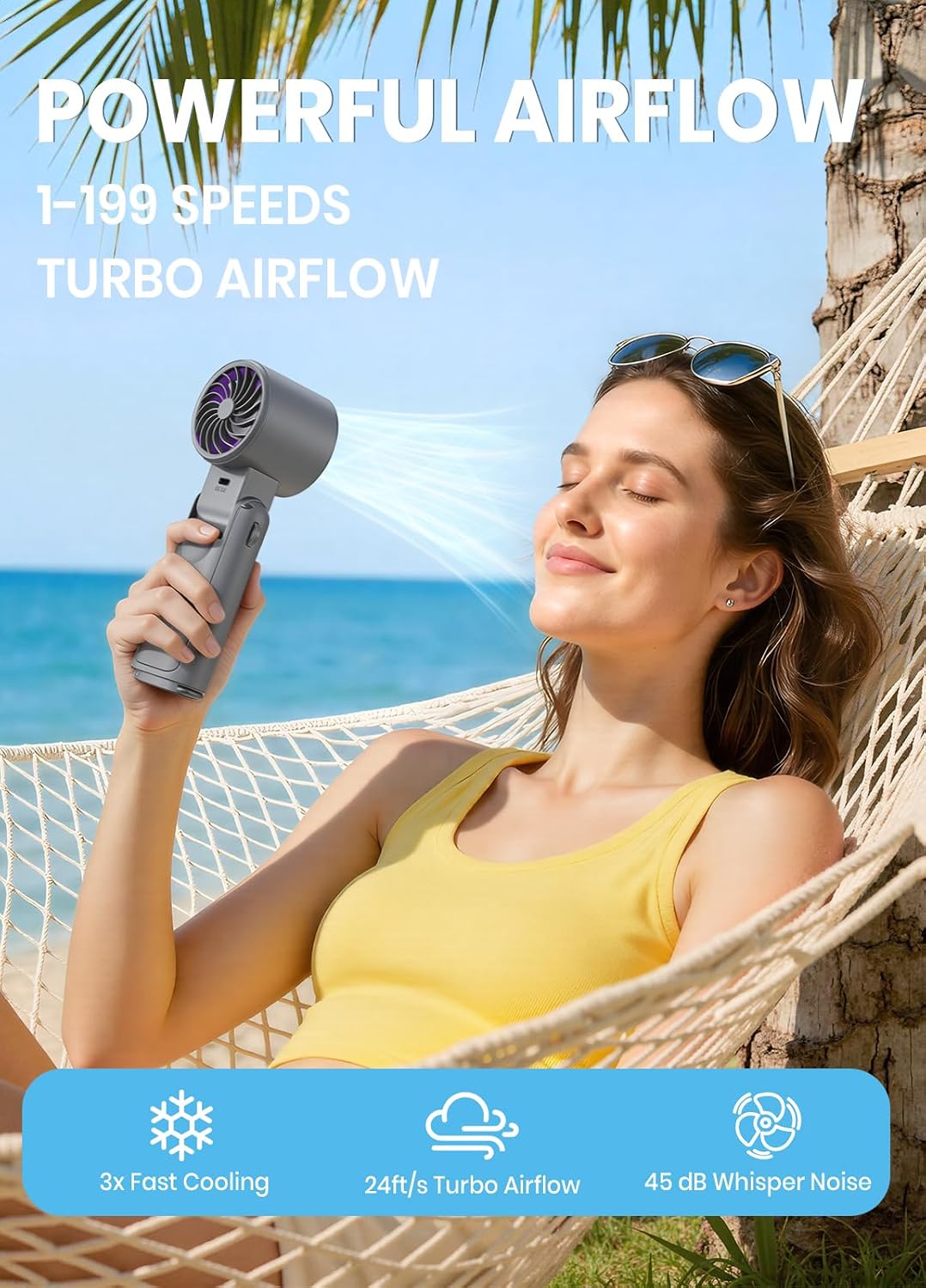 Portable Handheld Turbo Fan, 1-199 Speed Adjustable, Grey Purple | 4 IN 1 Pocket Design with LED Display, High-Power Motor, Rechargeable Battery, Mini Fans for Indoor/Outdoor/Travel/Work
