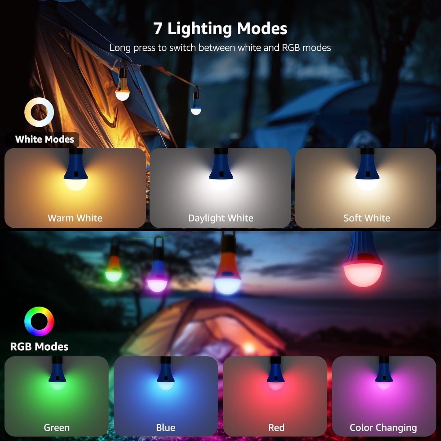 Lepro LED Rechargeable Camping Lantern with 7 RGBW Light Modes, 2Packs | Portable Tent Lights, Camping Essentials, Hanging Light Bulbs with Clip Hook for Camping, Emergency, USB Cable Included