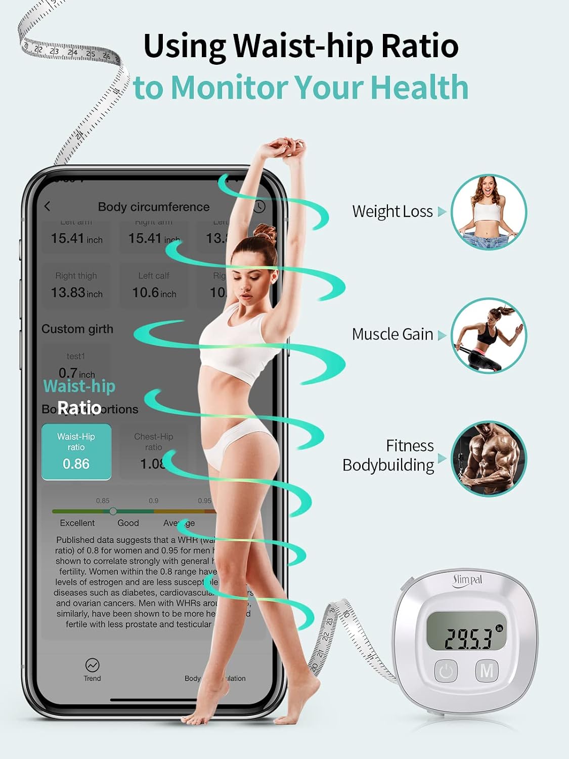 Slimpal Smart Body Measuring Tape, FSA Eligible HSA Tape for Weight Loss | Digital Bluetooth Body Tape Measure with App, Retractable Waist Hip Bust Arm Measuring Tape for Body Fat BMI Fitness Tracking