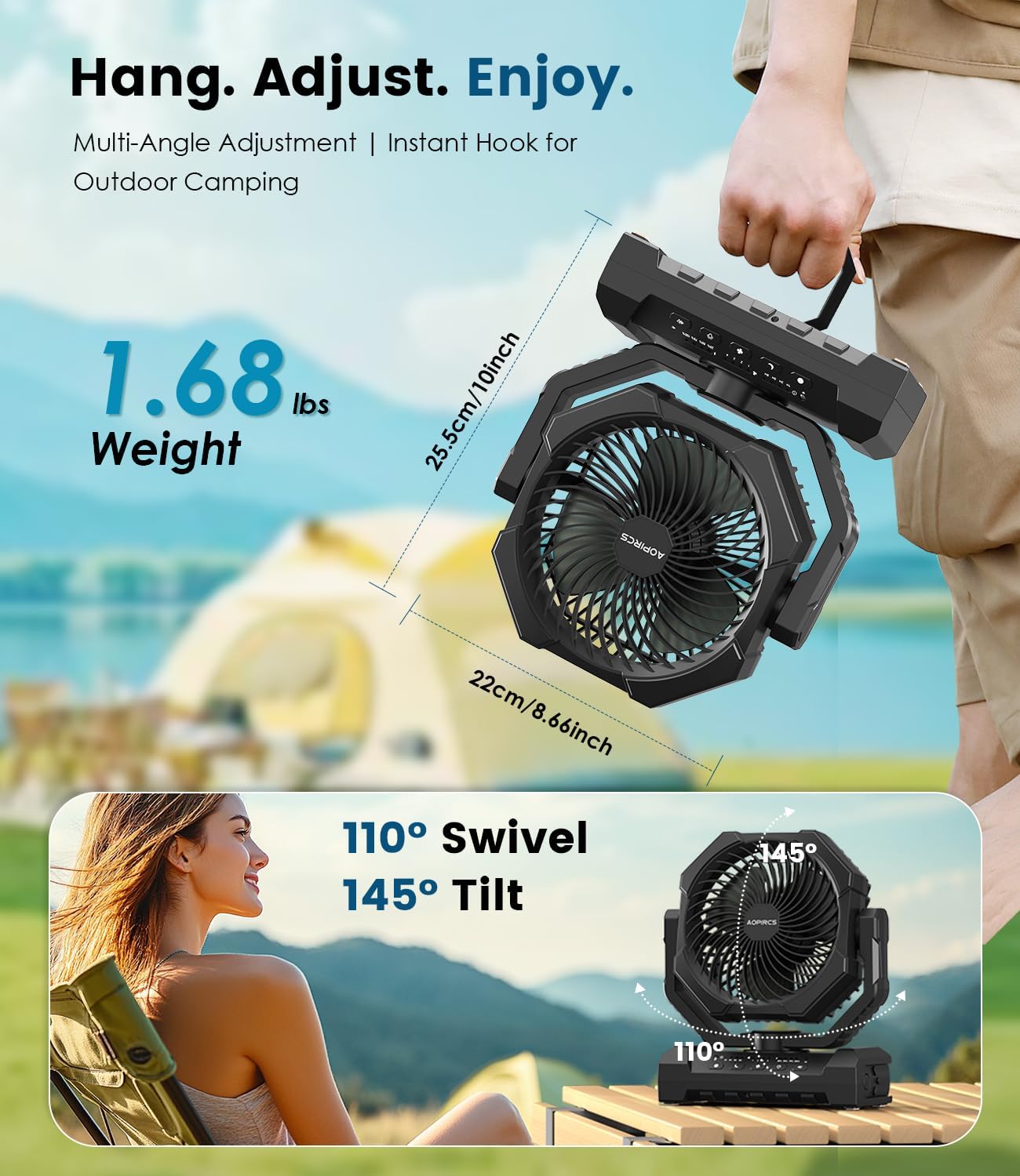 Camping Fan Rechargeable, 24000mAh Battery Powered Fan with LED Light, Hook | Portable Fans, 8-60H, 4 Speed, Timer, Sleep Mode, Camping Gear, Travel Essentials, for Tent, RV, Outdoor, Garage, Emergency