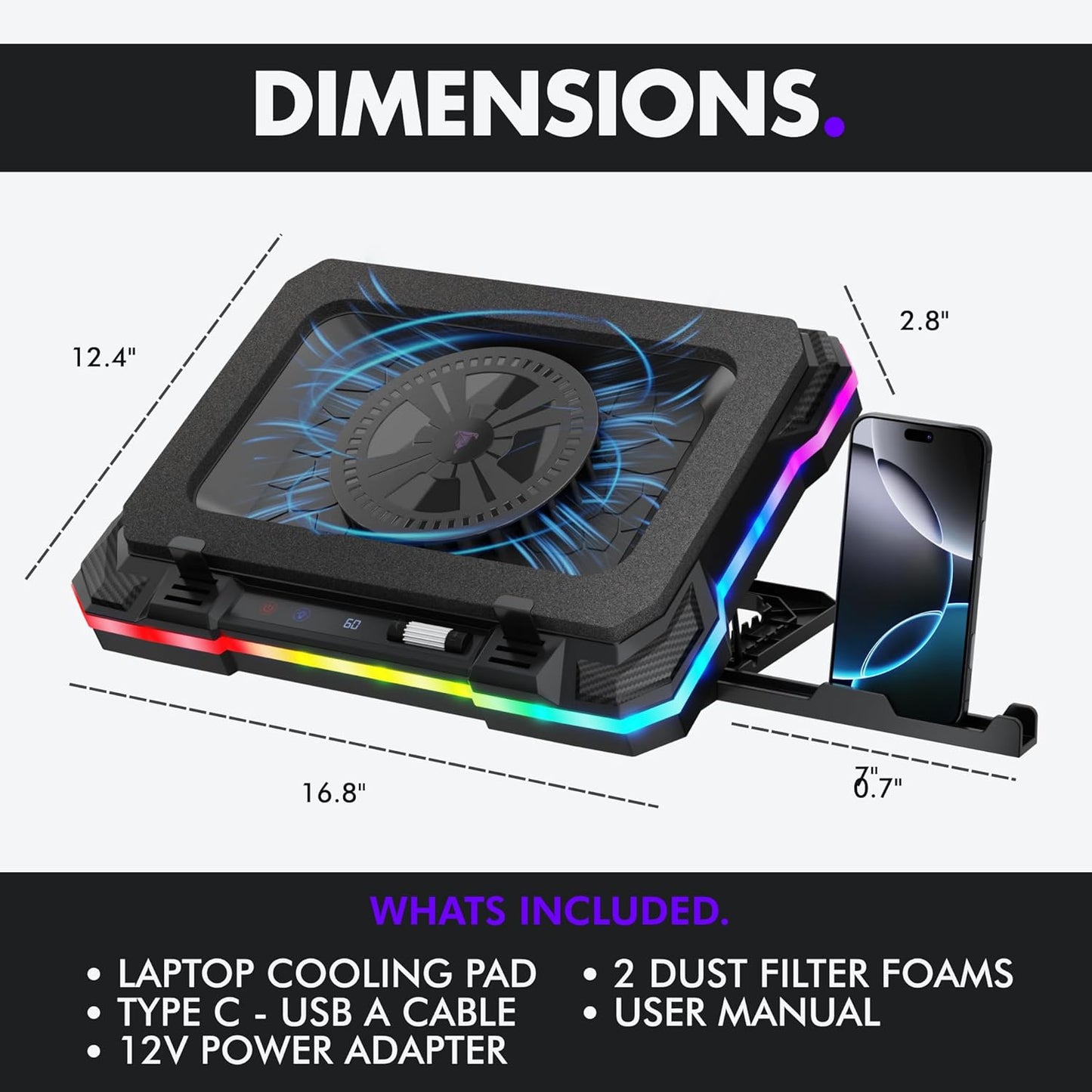 Tilted Nation Gaming Laptop Cooling Pad with USB Hub - Boost Performance, Stay Comfortable - RGB Laptop Cooler Stand with Adjustable Height & Fan Speed, RGB, USB (C + A) Hub, for 15.6" - 19" Laptops