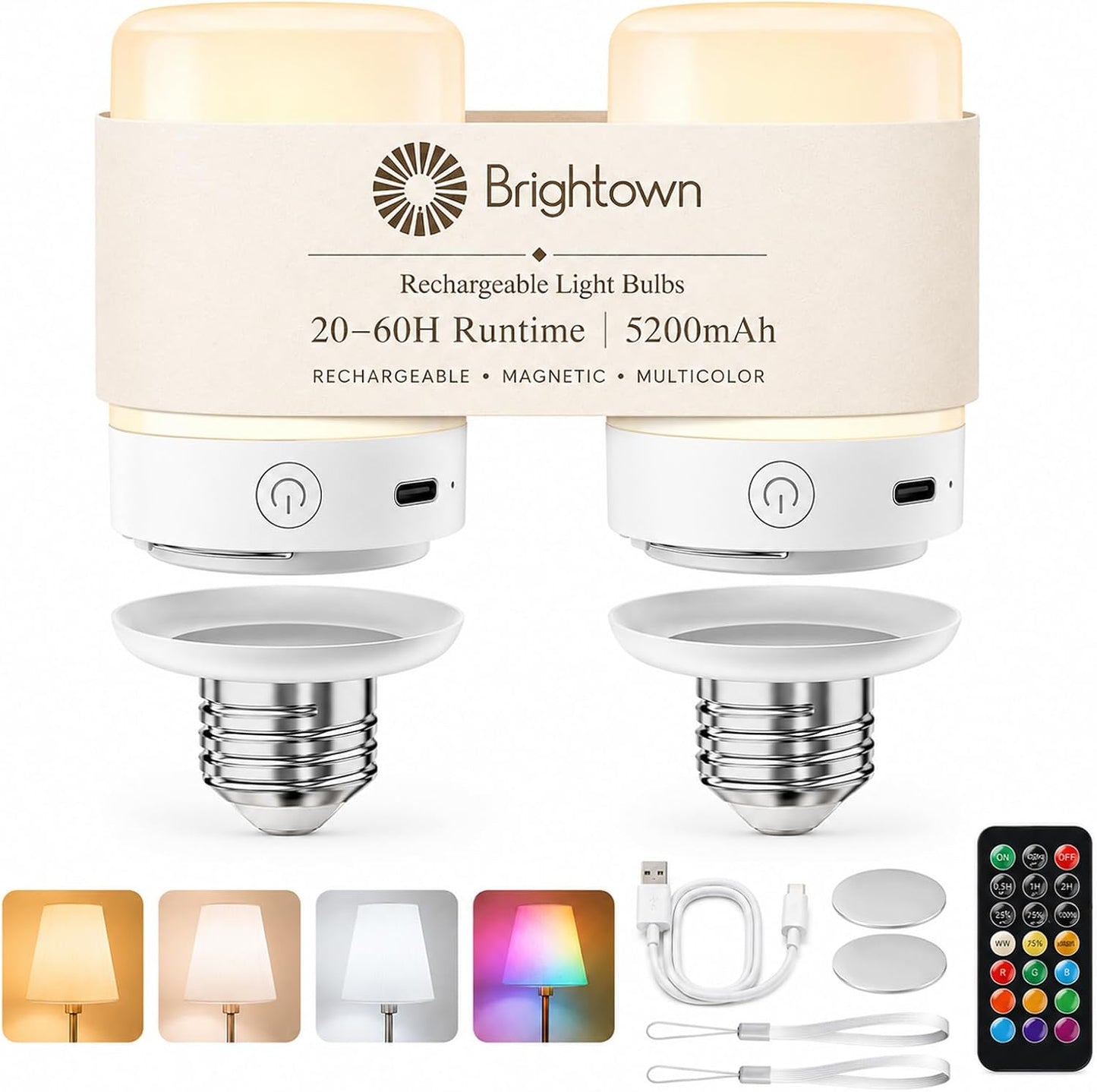 Brightown Upgraded 5200mAh E26 Rechargeable Light Bulbs with Remote Timer | 20–60H runtime, dimmable 3000K–6000K white light, 9 RGB colors, magnetic wireless design for lamps and sconces