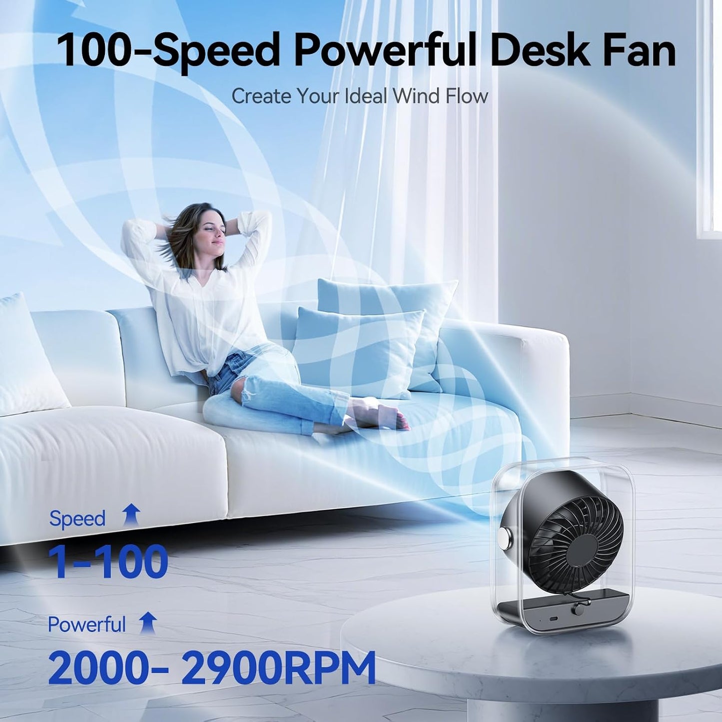 KIMMOO Rechargeable USB Desk Fan, Quiet Table Fan with Turbo Airflow, 100 Speeds, Digital Display, 90° Rotating, Small Battery Desktop Fans for Bedroom Home Office Travel, Purple