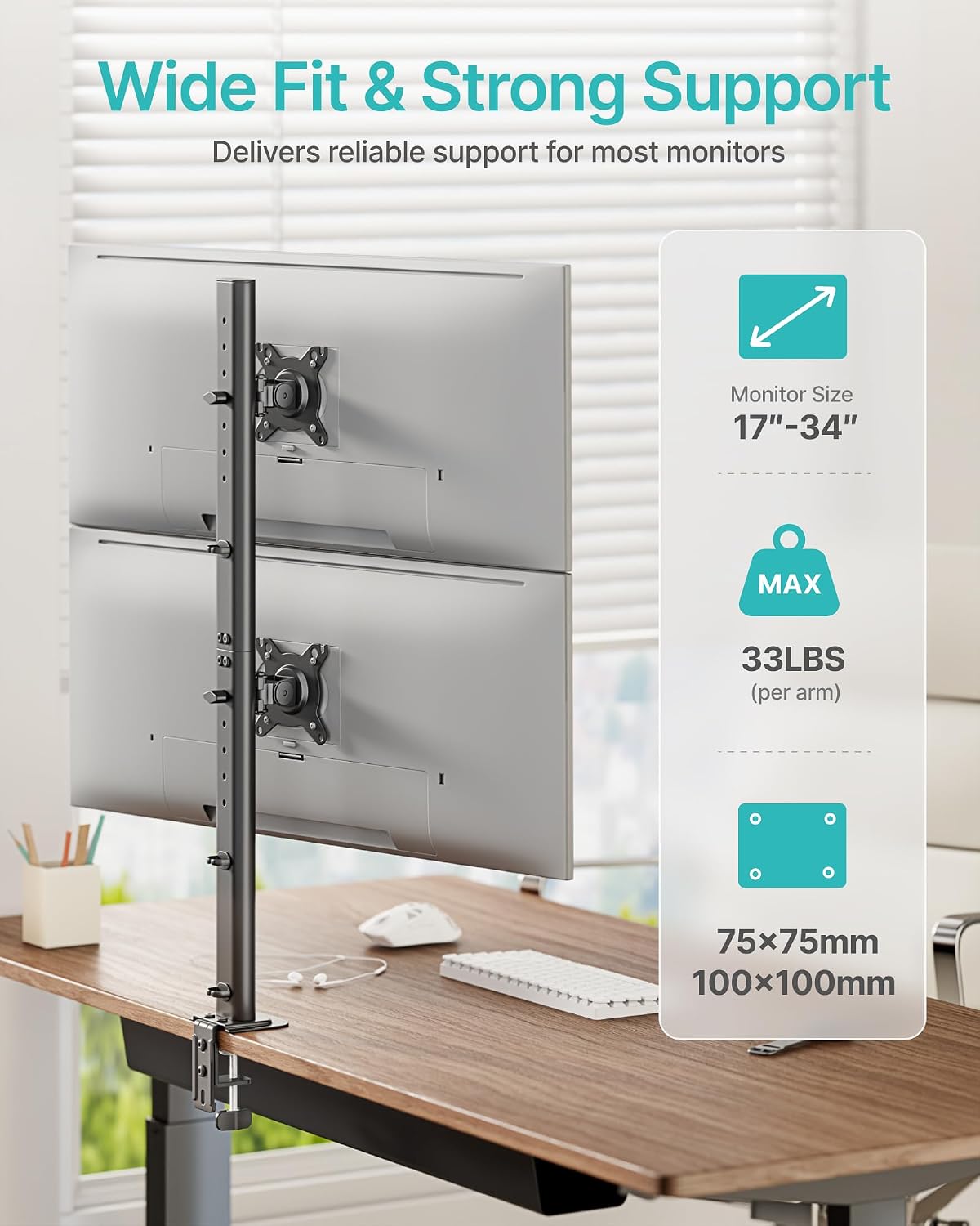 Pegzone Vertical Dual Monitor Mount for 17–34 Inch Screens, 33 lbs per Arm | Stacked Monitor Stand, 33.1" Extra Tall Pole, Full Motion Height Adjustable Mount, 75/100 VESA, Clamp & Grommet