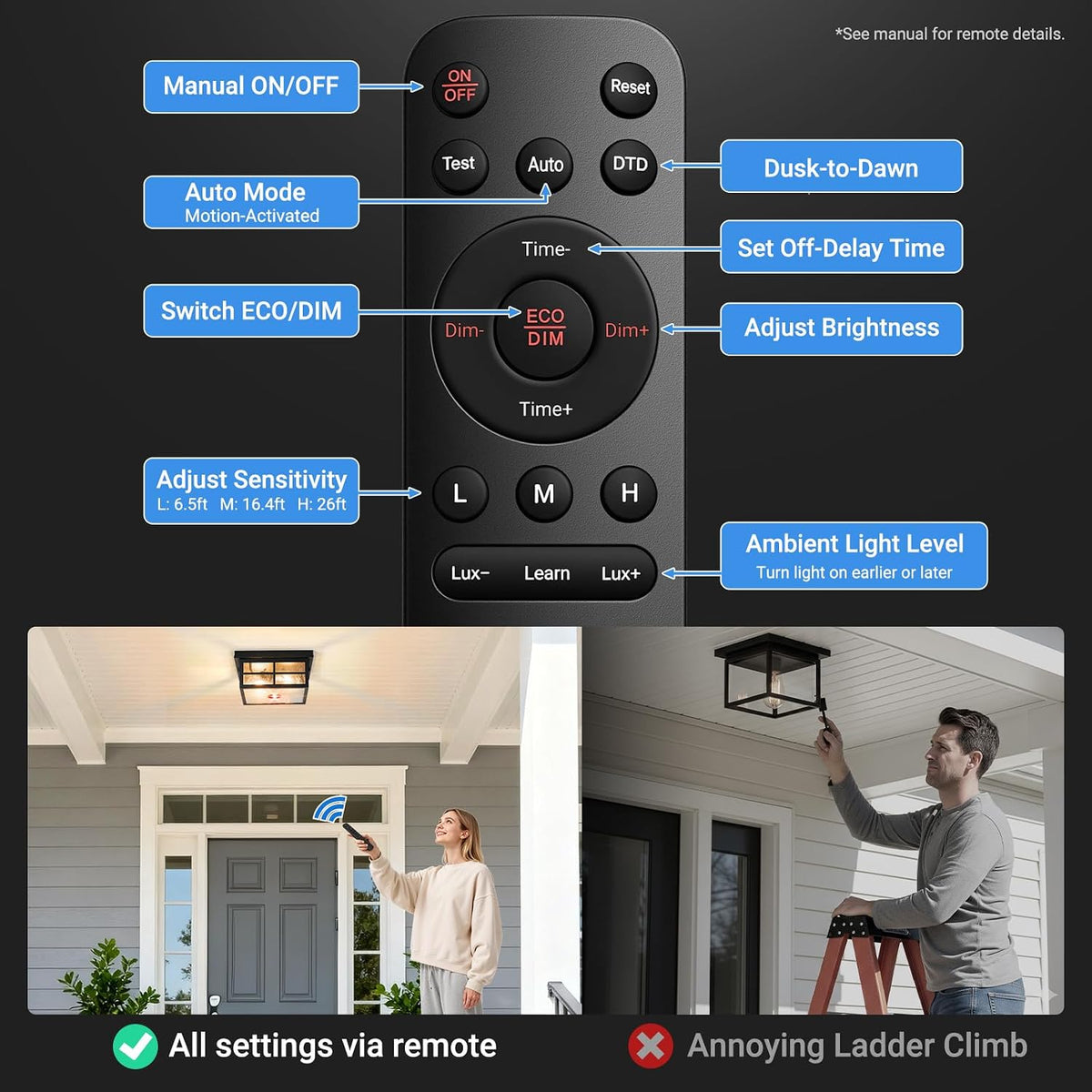 VIANIS Black Smart Motion Sensor Outdoor Ceiling Light with Remote Control