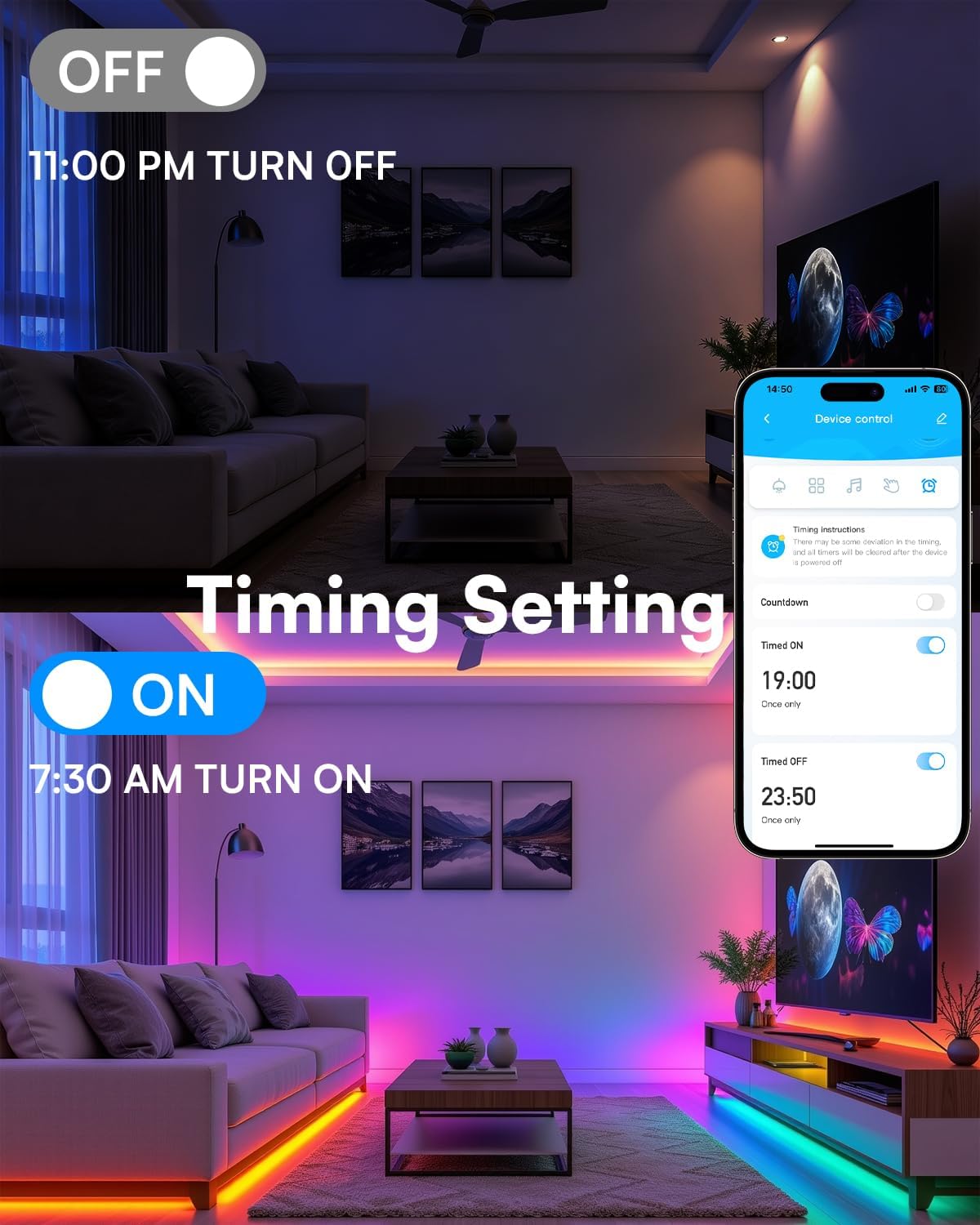 TJOY 16.4FT Smart Led Strip Lights for Bedroom Alexa Compatible Wireless | Music Sync, RGB Color Changing Lights for Room Decor(APP+Remote+Voice control)