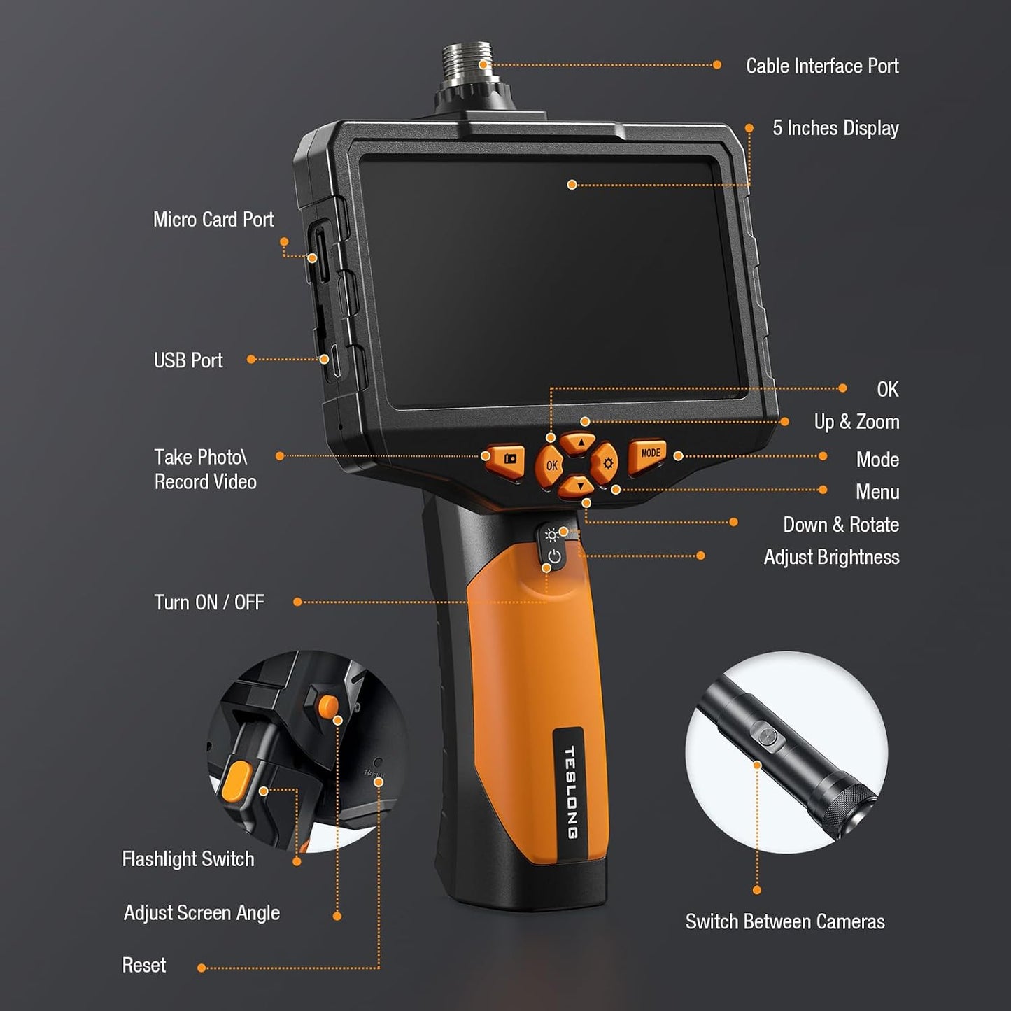 Teslong 16.5FT Triple Lens Borescope Camera for Automotive/Home/Wall/Pipe | 5" IPS Screen, LED Flashlight, 0.31 inch Endoscope, 8+2 LED Lights, 5000mAh Battery, 32GB, IP67 Waterproof, Carrying Case