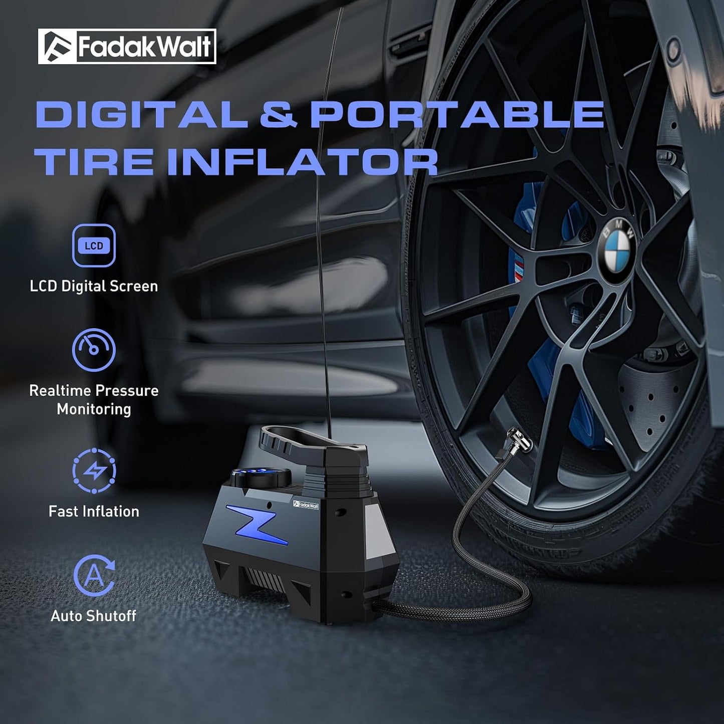 Tire Inflator Portable Air Compressor, 12V DC Car Air Pump with Auto Shutoff, 150 PSI Digital Gauge, LED Light, Metal Valve Connector, Accessories for Cars, Blue