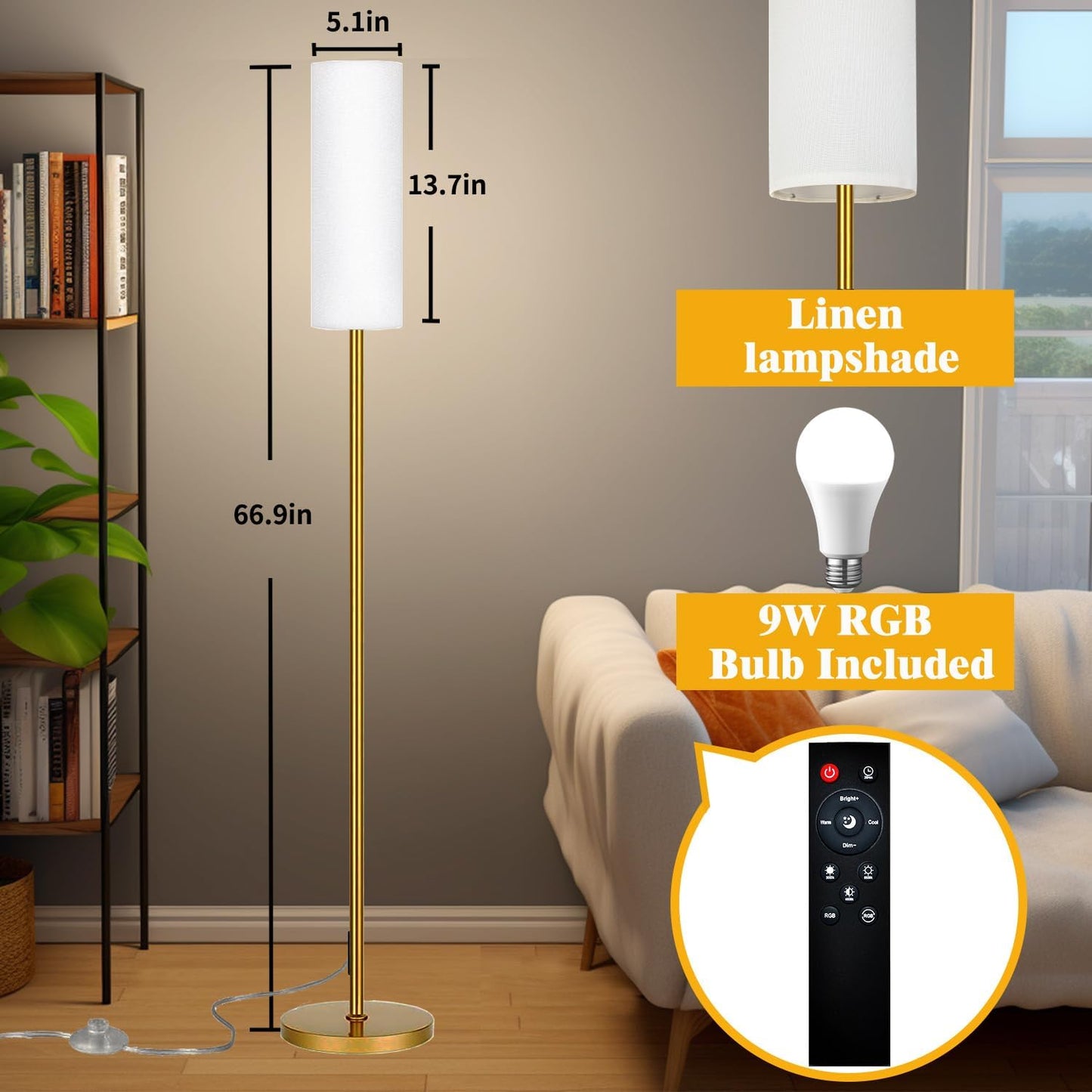Qaubauyt Smart LED Floor Lamp with APP Control & RGB Colors - Dimmable Standing Lamp for Living Room, Bedroom, Gaming - Remote, Timer, 9W Bulb Included, 67" Modern Tall Lamp (Gold)