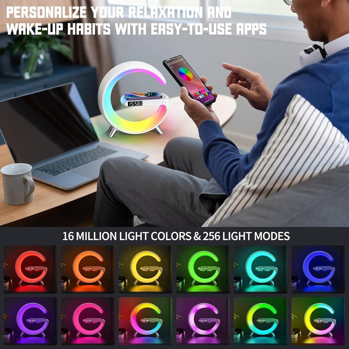 5 in 1 LED Table Lamp with Wireless Charging Bluetooth Speaker | App Controlled Night Light Alarm Clock for Christmas Birthday Gifts for Teens Adults Desk Office Bedroom Decor