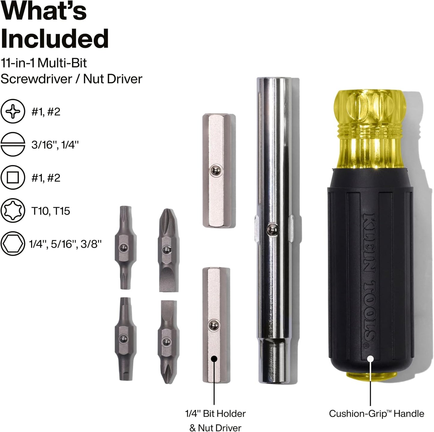 Klein Tools 32500 11-in-1 Screwdriver/Nut Driver Set, 8 Bits (Phillips, Slotted, Torx, Square), 3 Nut Driver Sizes, Cushion Grip Handle