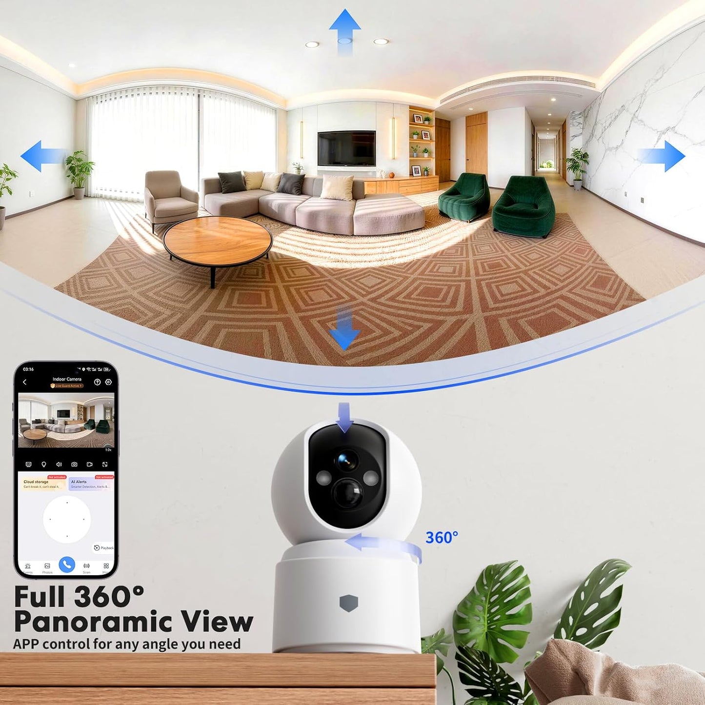 Noonkey Battery Powered Wireless Indoor Security Camera, 4MP HD Pan/Tilt Pet Camera w/ 6000mAh Rechargeable, 5G&2.4G WiFi 6,Motion Detection, Color Night Vision, 2-Way Talk, Home/Pet/Baby Monitoring