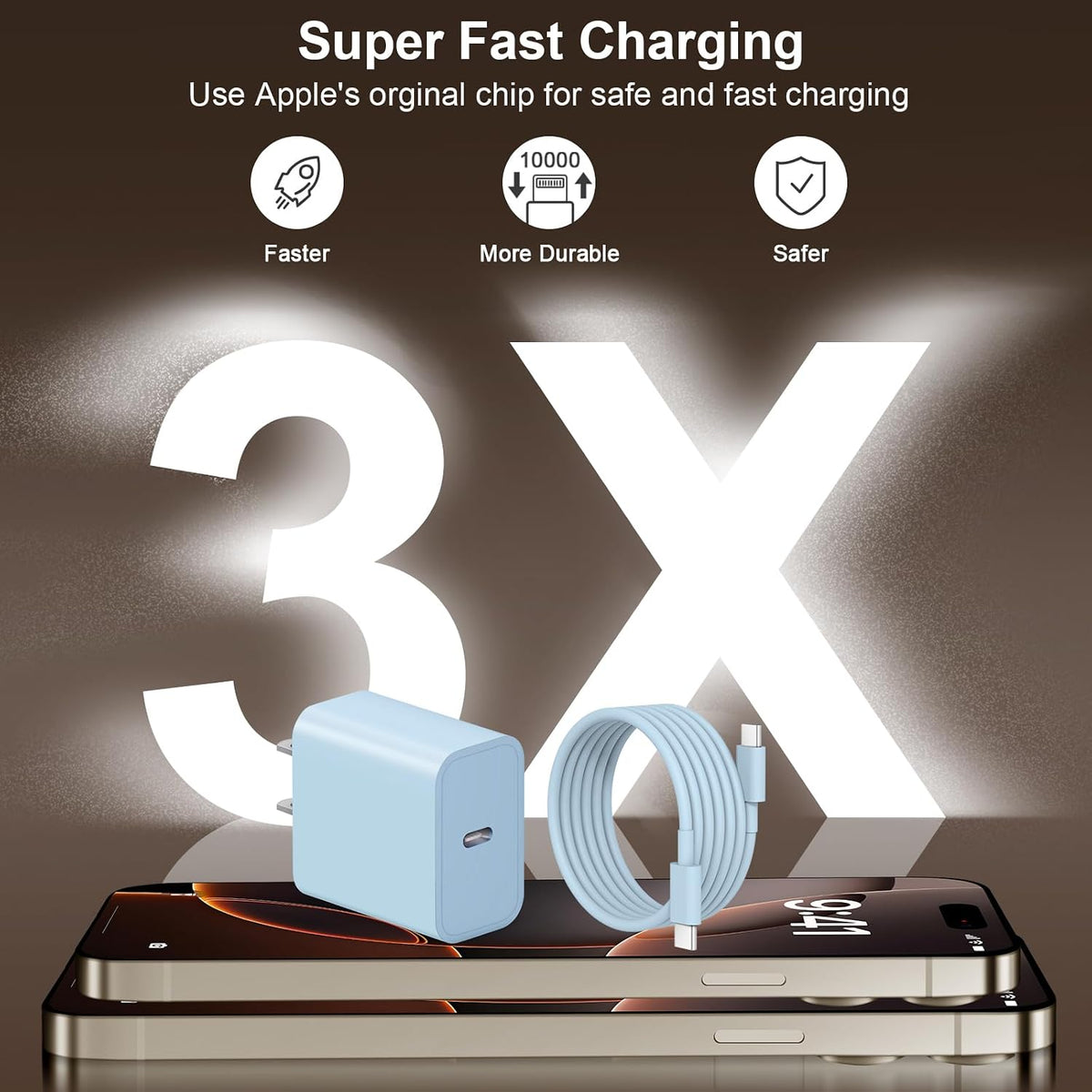 iPhone Duo 18 17 16 15 Charger Fast Charging USB C Charger Block, Blue