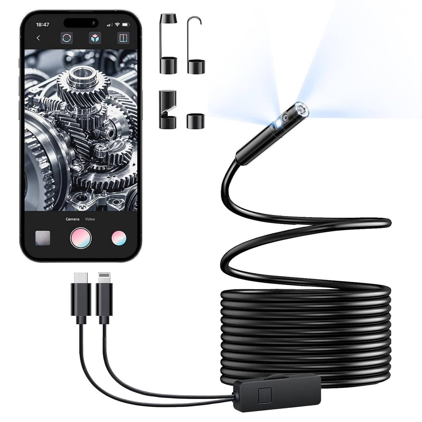 [Dual-Lens] Endoscope Camera with Light, 1920P HD Borescope with 8+1 Adjustable LED Lights, IP67 Waterproof 16.5FT Semi-Rigid Snake Cord Inspection Camera for iPhone, iPad and Android Phone (Type C)