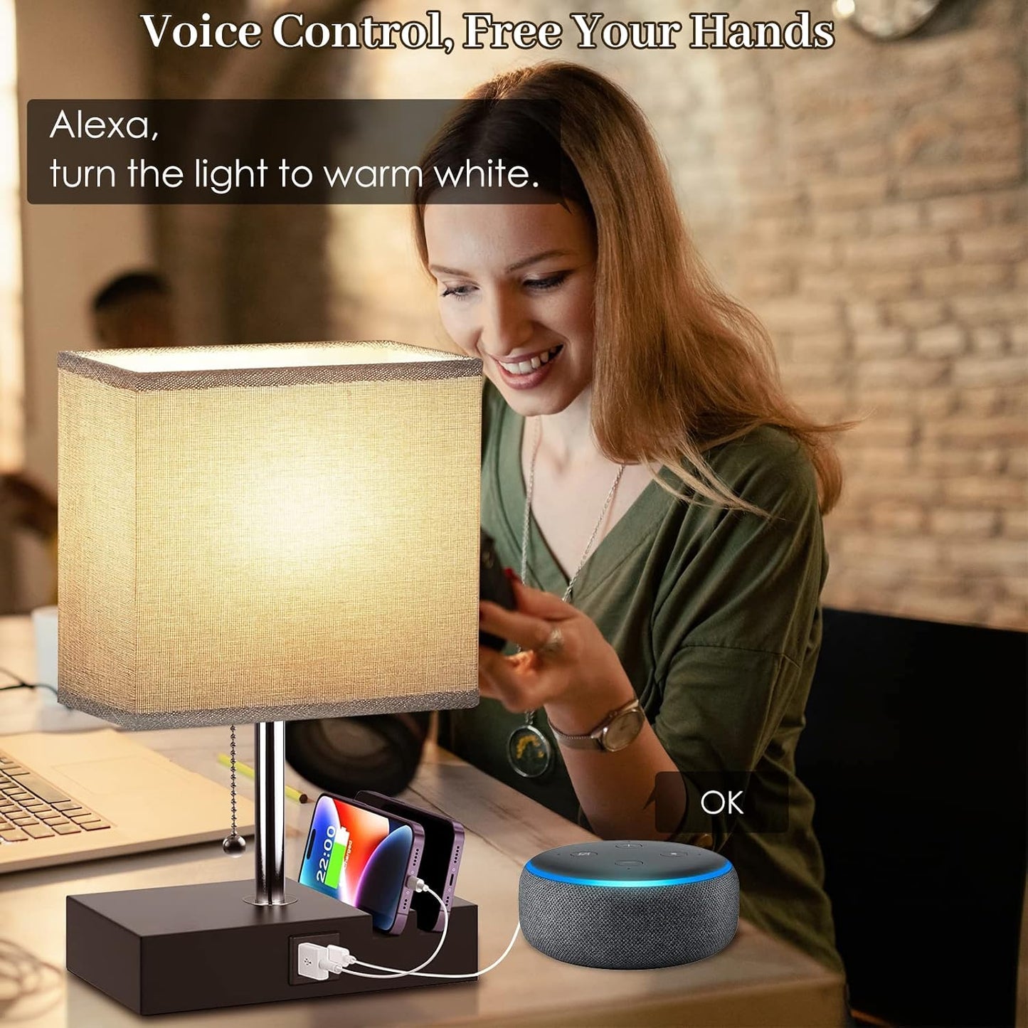 Smart RGB Dimmable Table Lamp Work with Alexa&APP&Remote Control, Gray | Bedside Desk Lamp with Charging Ports&Outlet&Phone Stand, Music Sync Nightstand Lamp for Bedroom Living Room Office Dorm