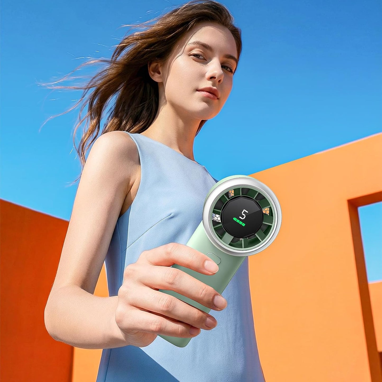 WHATOOK Portable Handheld Turbo Fan, 5 Speeds Mini Personal Fan with 4000mAh Rechargeable Battery, Small Pocket Fan for Travel Essentials, Beach, Office, Gifts for Women Men - Mint Green