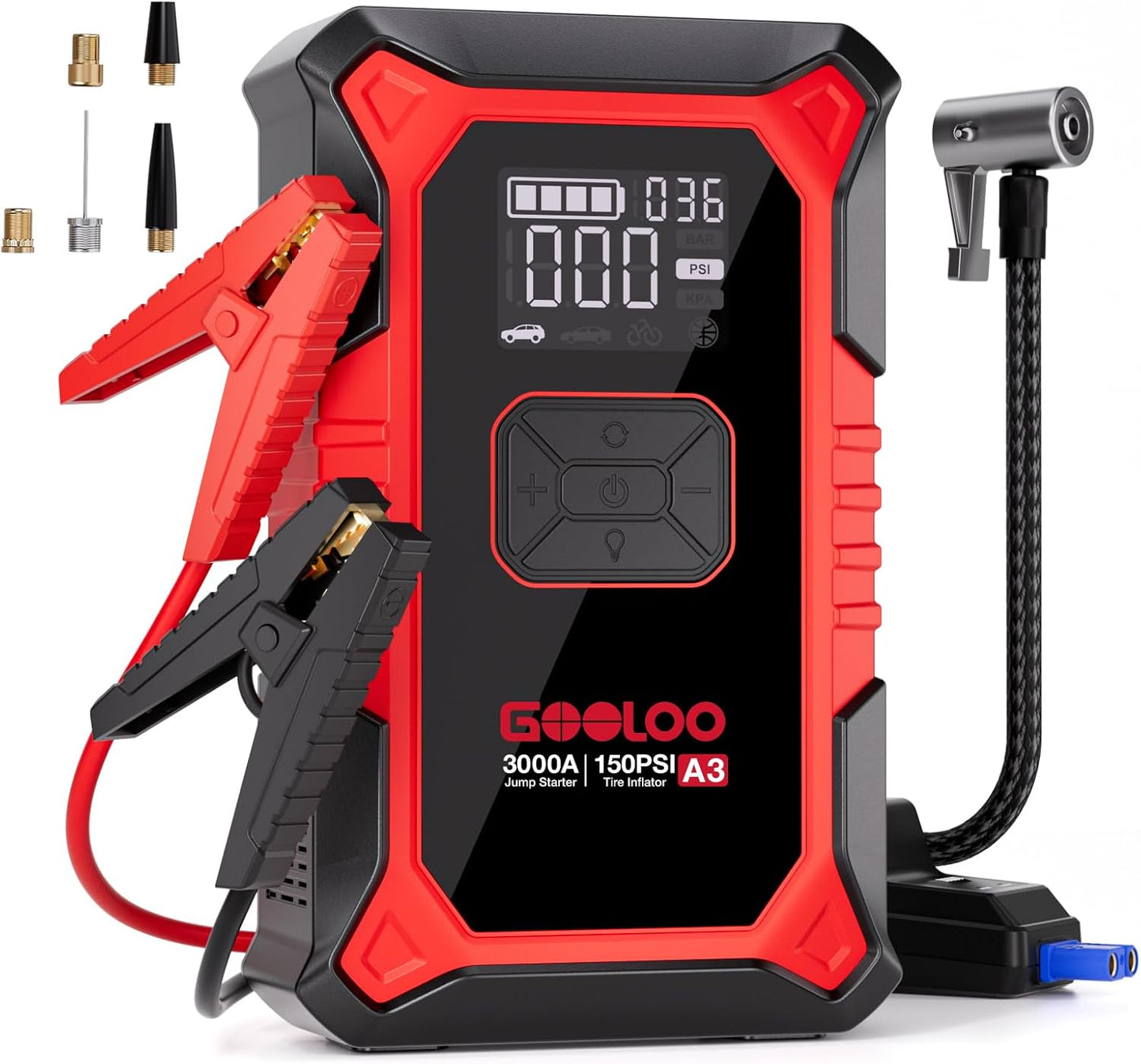 GOOLOO A3 12V 3000A Portable Jump Starter with Air Compressor | Supersafe Car Battery Booster Pack (9L Gas/6.5L Diesel) - BOOST for Dead Battery - 150 PSI Auto-Off Tire Inflator - LED Light