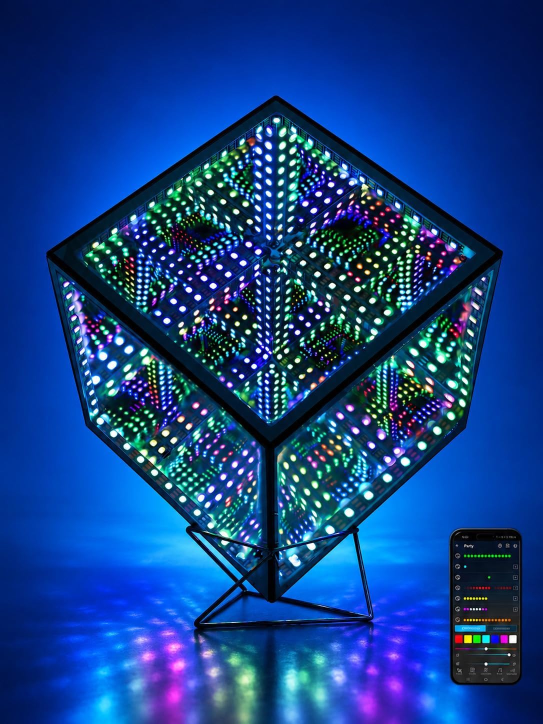 Infinity Mirror Hyper Cube Table Lamp, Desk Art Night Light, Color-Changing Sound-Activated APP-Controlled Ambient Light for Gaming, Party, Home, Gift (6 Inches)