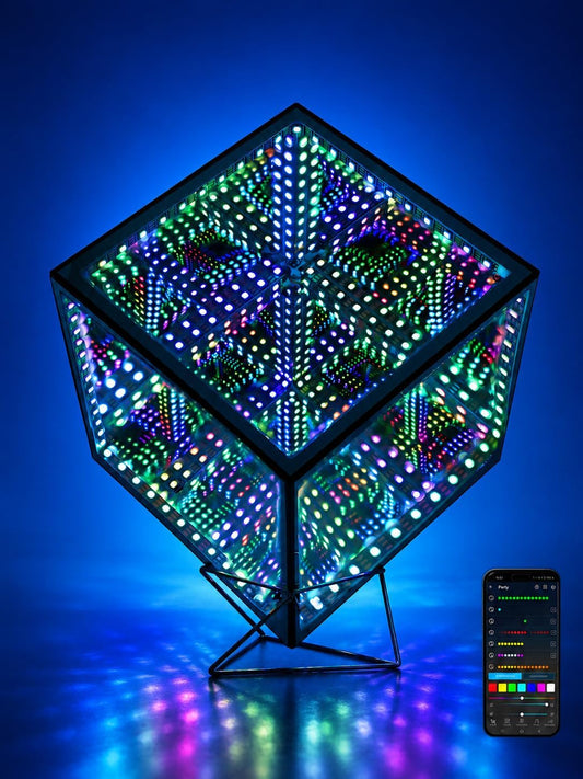 Infinity Mirror Hyper Cube Table Lamp, Desk Art Night Light, Color-Changing Sound-Activated APP-Controlled Ambient Light for Gaming, Party, Home, Gift (6 Inches)