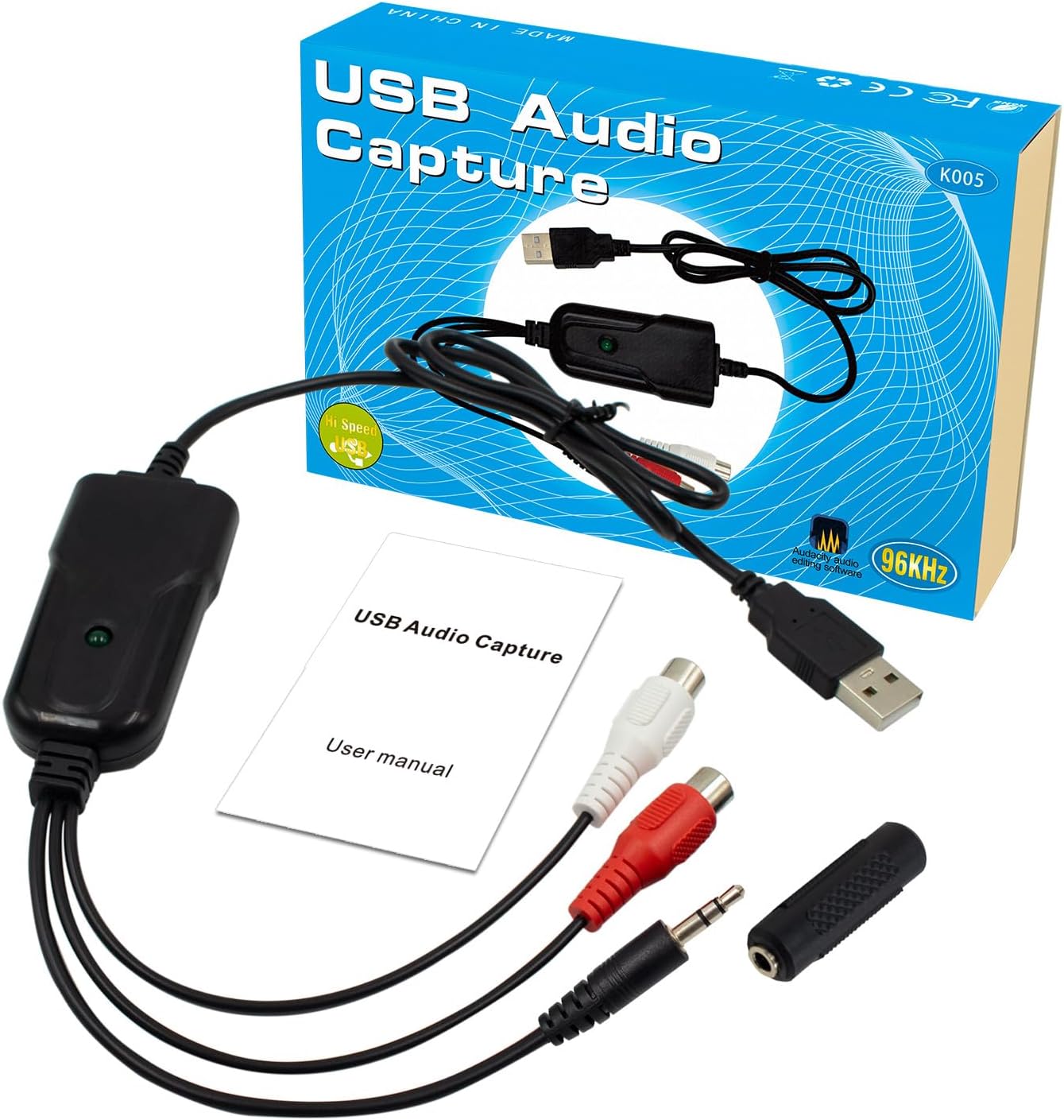 Wiistar USB2.0 Audio Capture Card RCA L/R+3.5mm Audio to USB up to 96kHz | Support Wave/MP3 for Tape MD CD Player Phono Laptop