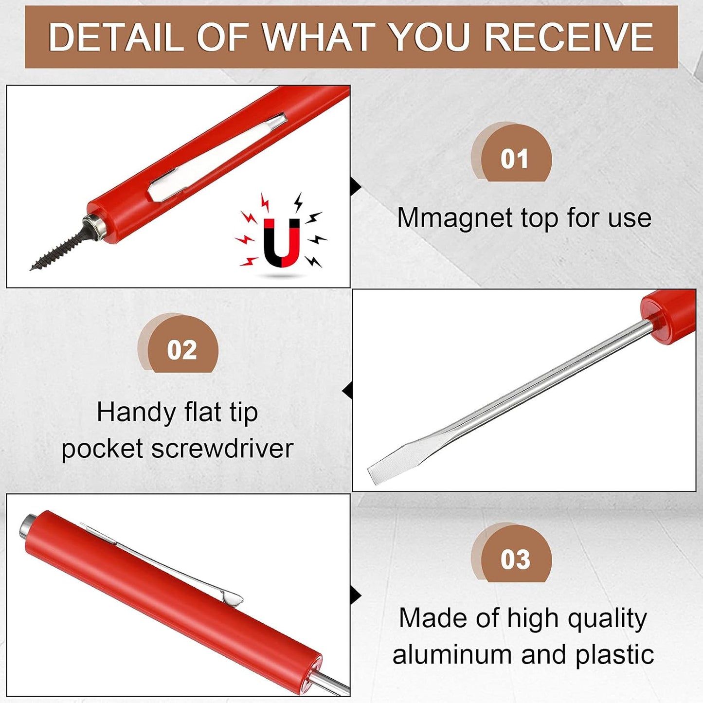 Honoson 10 Pcs Pocket Screwdriver Magnetic Mini Slotted Flathead, Red | Small Slotted Tool with Pocket Clip, Single Blade for Electrician Mechanical Work, Portable Mini Set for Quick Repairs
