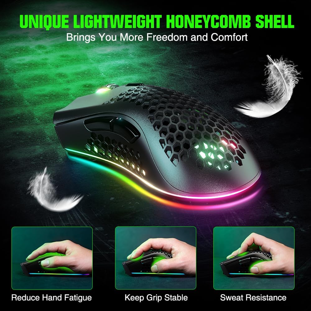 WolfLawS KM-1 RGB Wireless Gaming Mouse with Honeycomb Shell Computer Mouse | 2.4G USB Receiver, 6 Buttons, 3 Adjustable DPI, Rechargeable Ergonomic Mouse for PC Mac Laptop