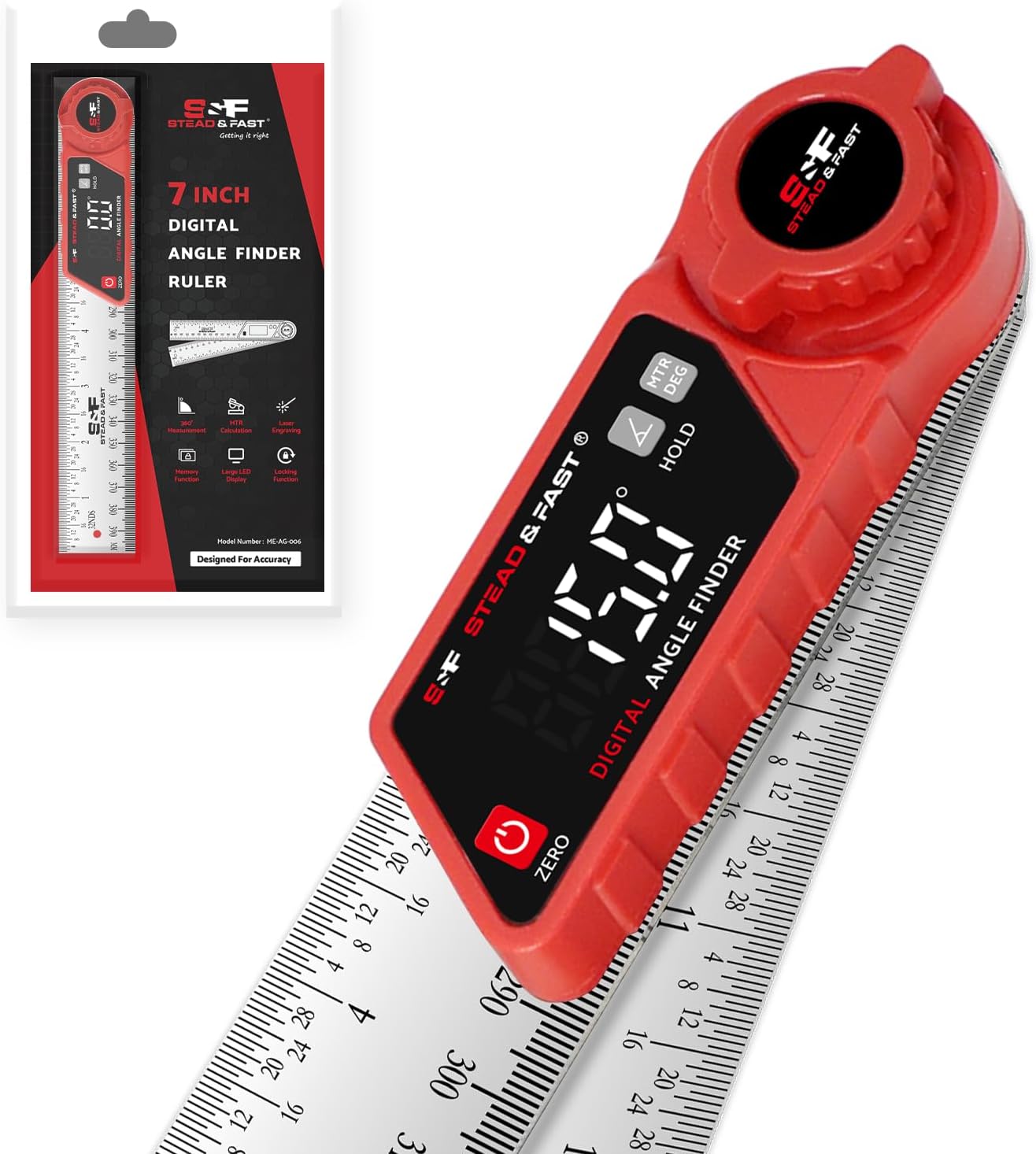 S&F STEAD & FAST Digital Angle Finder with Miter Button, 7 Inch / 200 mm | Secure lock knob, XL LED Display, Stainless steel arms, High-precision, Versatile protractor, for Miter saw & Crown molding