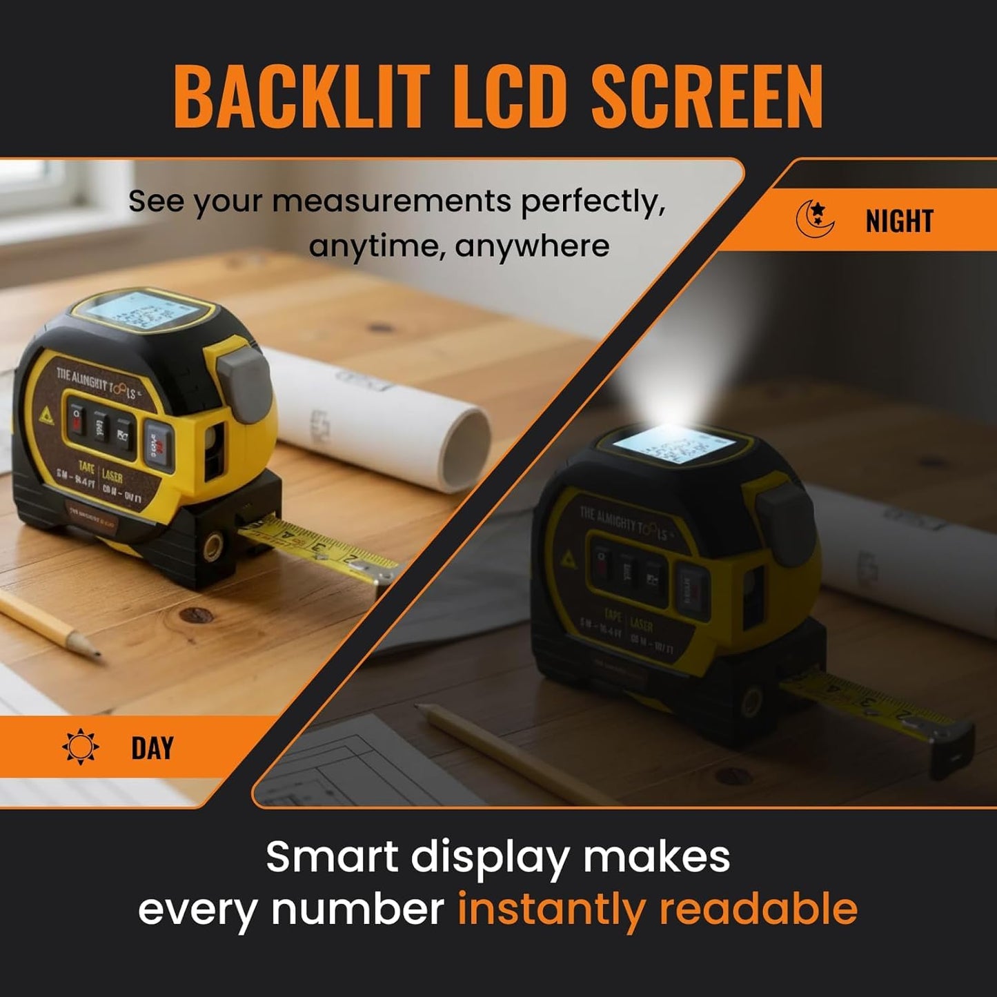 The Almighty Ruler Laser Tape Measure | Laser Distance Measurer, Heavy-Duty Tool with Cross Marking Feature, Smart Range Finder, Easy-Read Display, Ft & Metric Measurement | 131 ft | 43 yd | 40 m