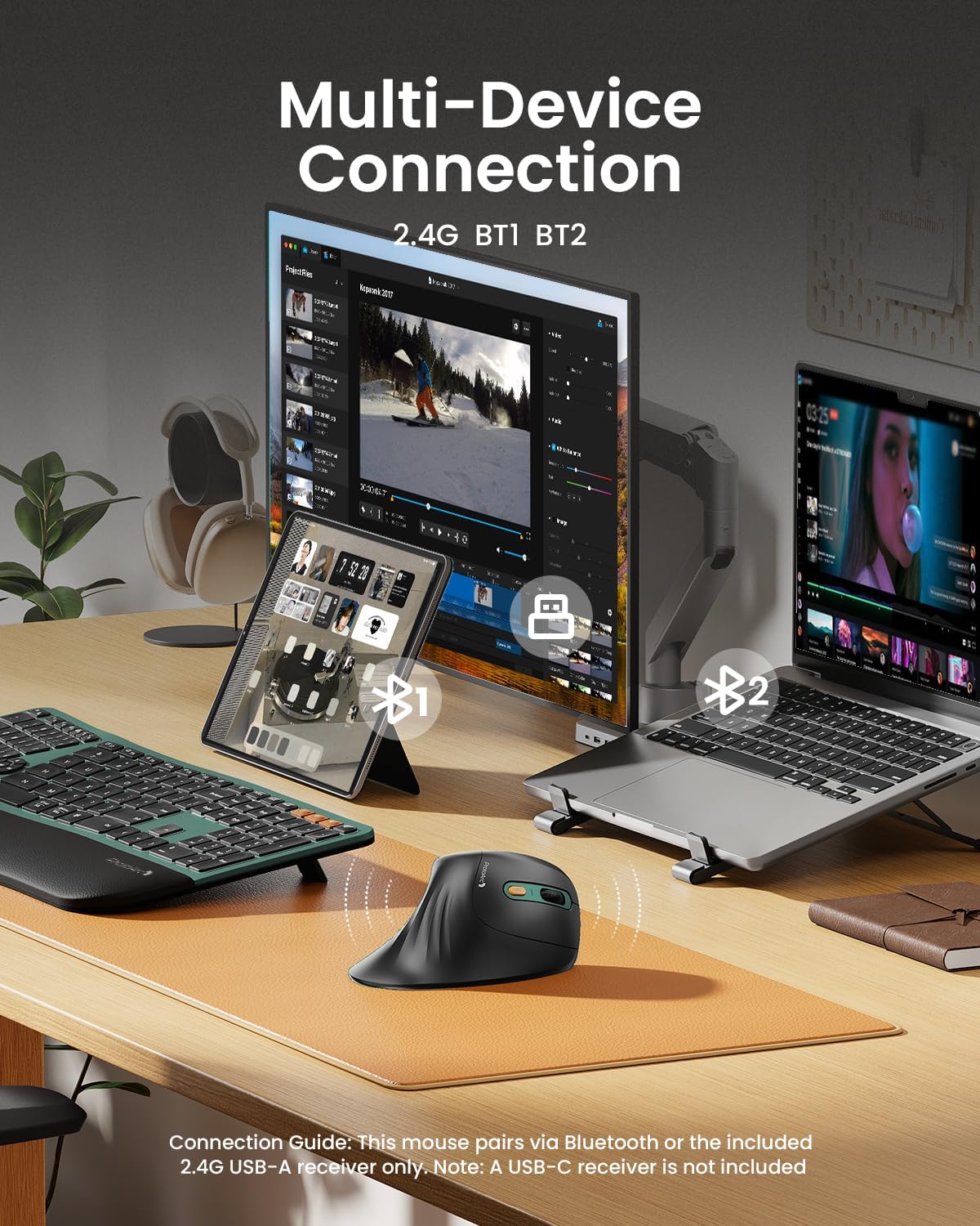 ProtoArc EM11 NL Wireless Ergonomic Mouse, Rechargeable Vertical Mice | 58° vertical design supports a natural wrist posture,connect 3 devices via Bluetooth/2.4G USB-A, 500mAh USB-C rechargeable.