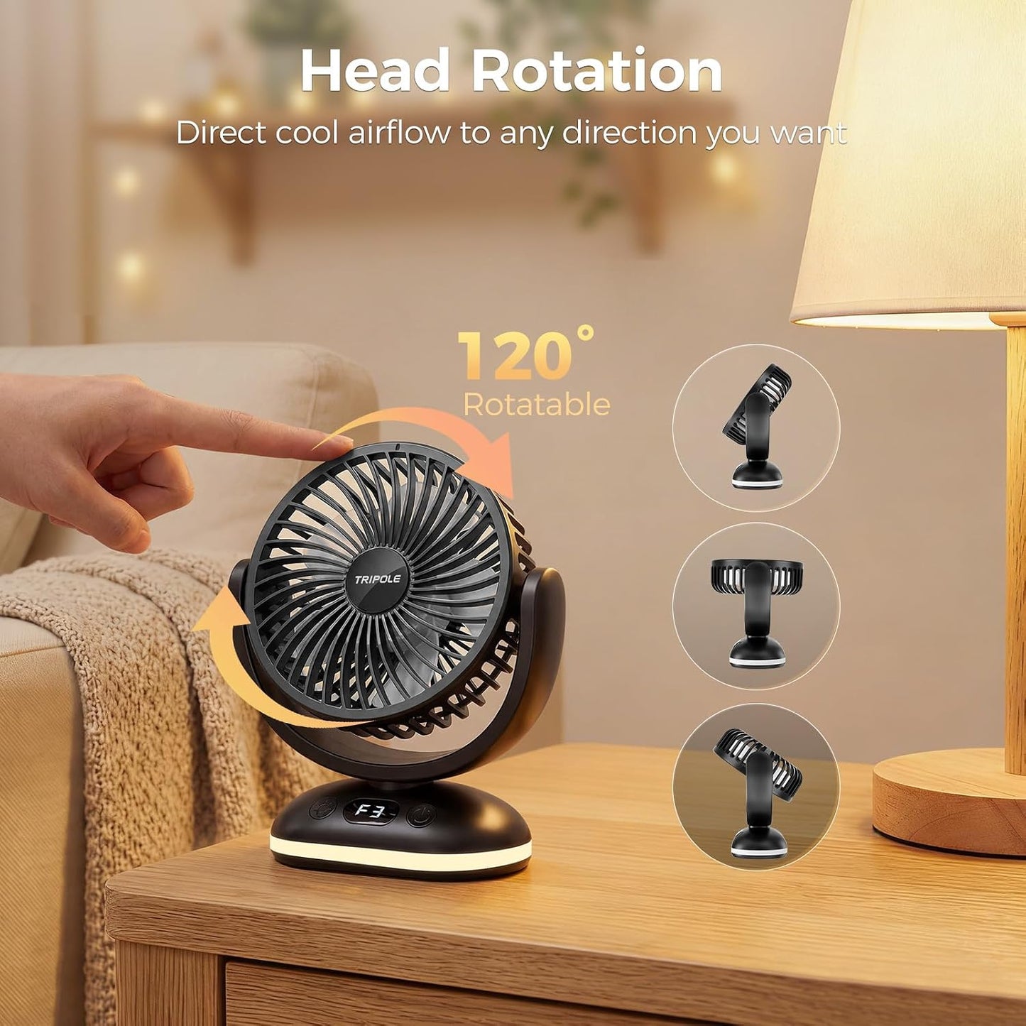 TriPole Portable Desk Fan Small Quiet, Rechargeable Mini Fan with LED Light | 31H Runtime, Digital Display, Safety Lock, 4 Speeds, Battery Operated Fan for Bedroom Sleeping Office Travel Camping Cruise