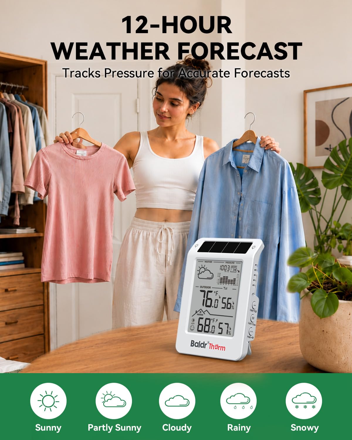 Indoor Outdoor Thermometer Wireless Solar Weather Station with Backlight
