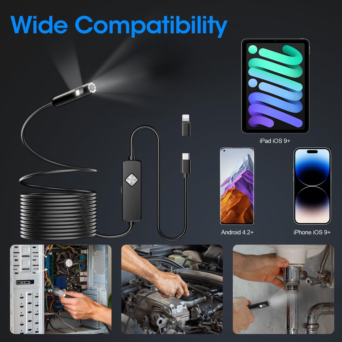 Endoscope with Light, 1920P HD Borescope with 8 Adjustable LED Lights, Semi-Rigid Snake Camera, IP67 Waterproof Inspection Tool (16.4ft, Black Harness + Dual Lens)