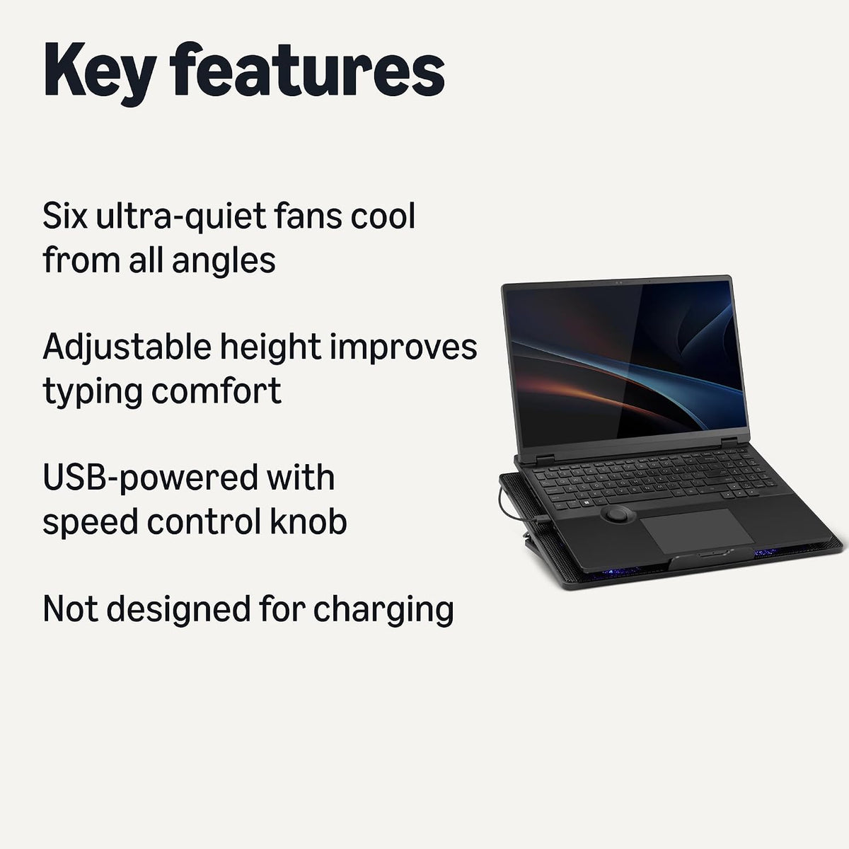 Amazon Basics Laptop Cooling Pad Stand with 6 Quiet Fans, Height Adjustable, for 12-17 inch Laptops, with USB-A and USB-C Ports