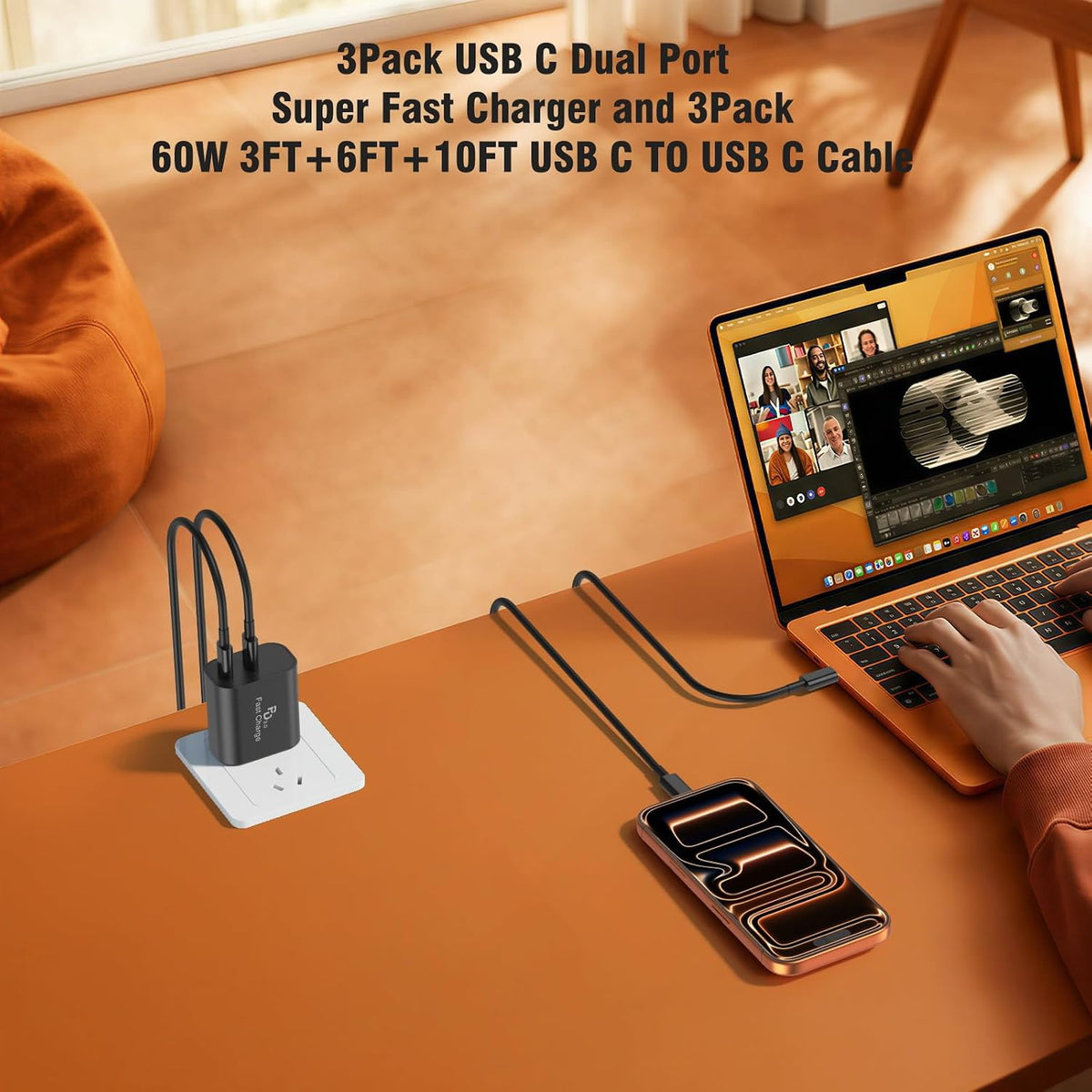 3Pack PD 3.0 Black Super Fast Charger USB C Dual Port Charger Block with 3Pack 60W [3FT+6FT+10FT] USB C to USB C Charger Cord for Galaxy S26/S25/S24,for iPhone 17/16/15,for iPad and More
