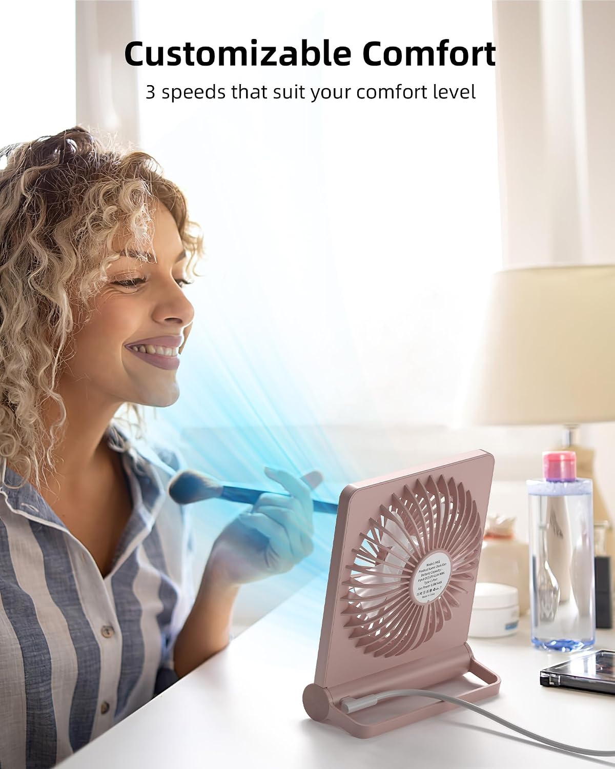 Koonie USB Desk Fan, Strong Wind Ultra Quiet Small Mini Fan | 220° Tilt Folding & 3 Speeds Adjustable, USB-C Powered Personal Fan for Home Office Desktop, Pink, NO BATTERY